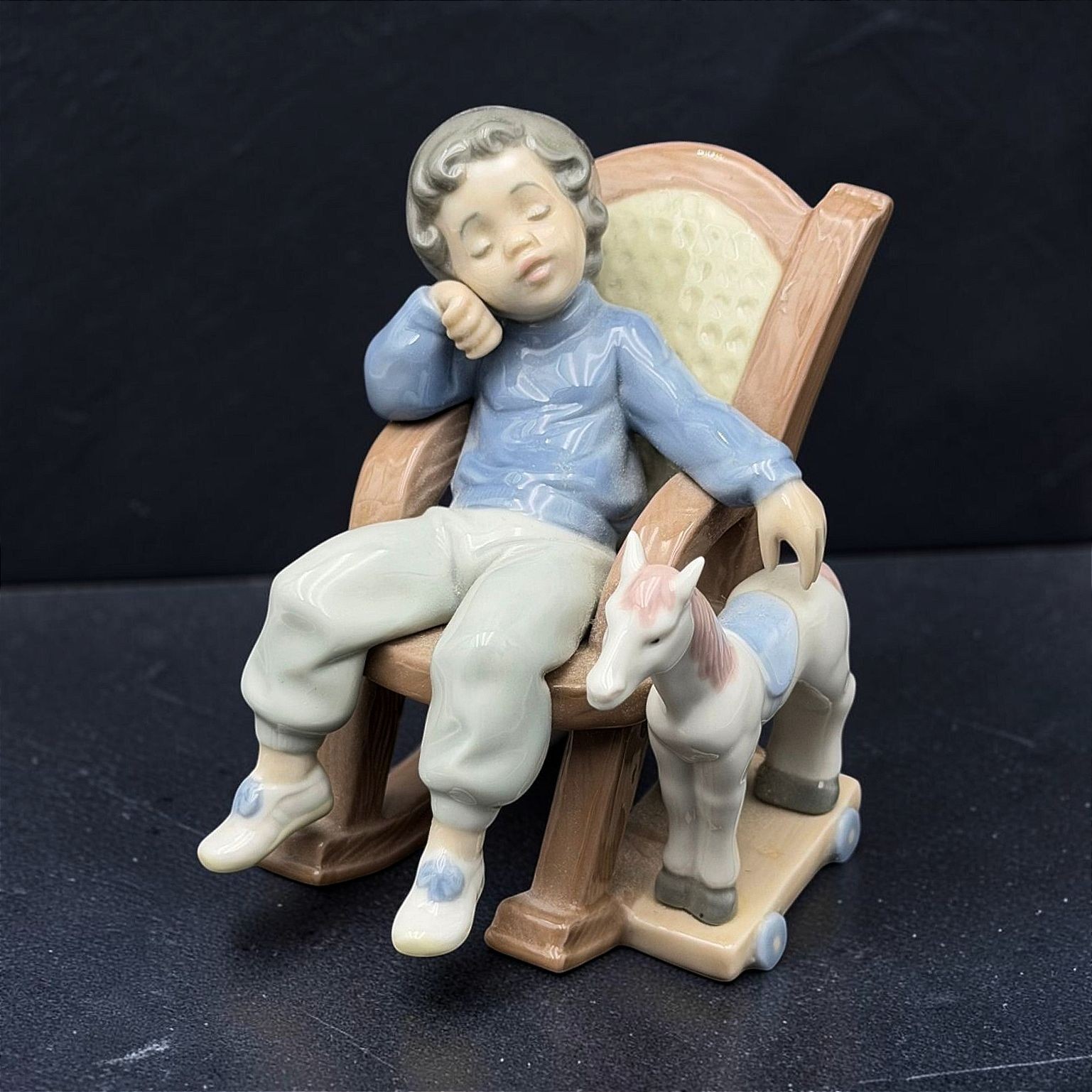Vintage Lladro All Tuckered Out #5846 Boy Sleeping Rocking Chair Pony Figurine