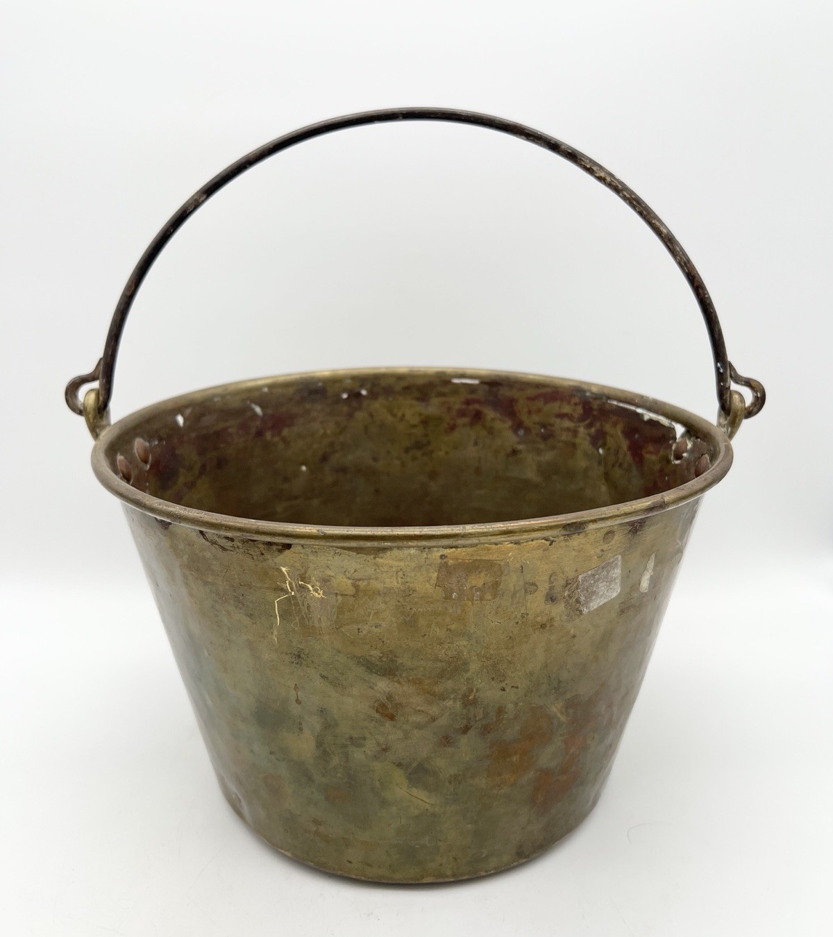 Antique Primitive Brass Bucket Pail Hand Forged Bail Handle Country Farm Decor