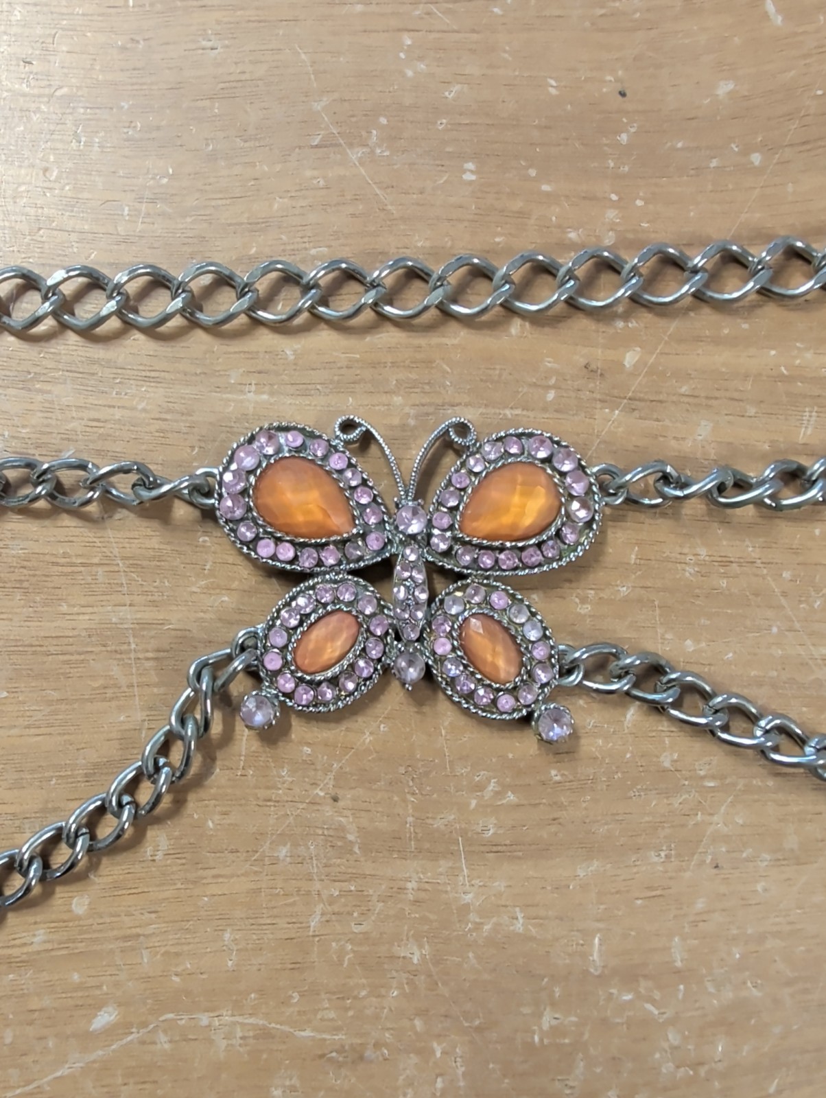 Vintage Y2K Butterfly Rhinestone Silver Chain Belt Pink Orange Yellow M72 Vintage Y2K Butterfly Rhinestone Silver Chain Belt Pink Orange Yellow M72