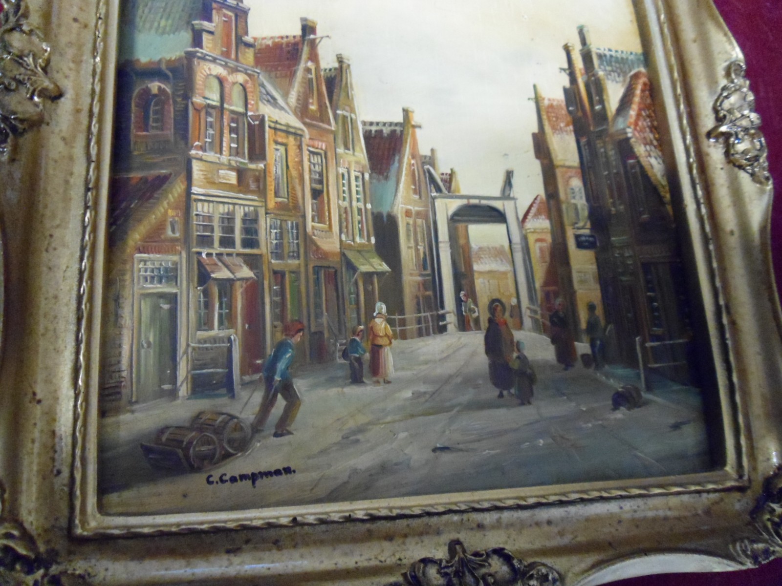 Antique signed oil painting 8 x10 original Dutch architectural street NO FRAME Antique signed oil painting 8 x10 original Dutch architectural street NO FRAME