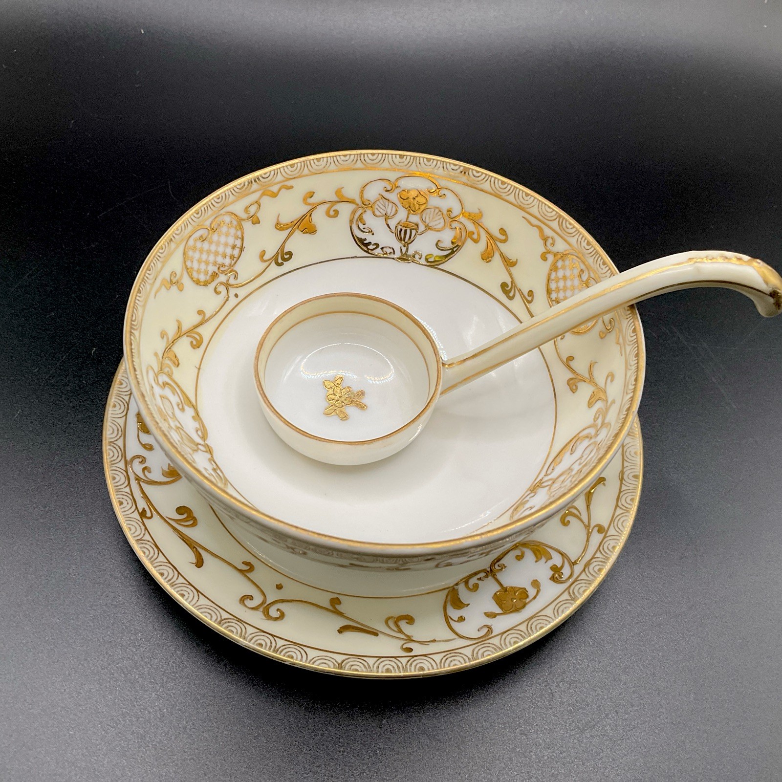 Antique Noritake hand Painted Japan 3 Pc MAYO Condiment Set Bowl Ladle Plate