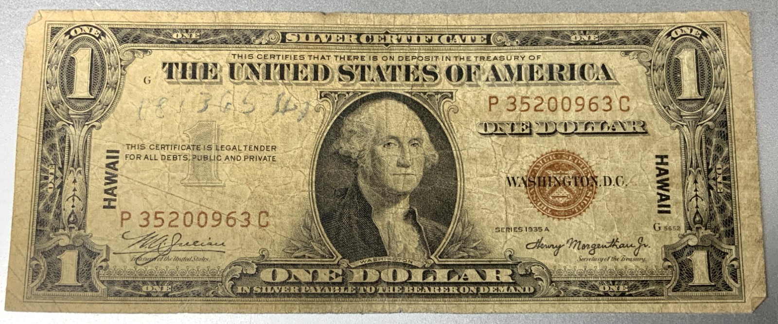 1935-A $1 Hawaii Silver Certificate Fr. 2300 WWII Emergency Note Brown Seal -CH2