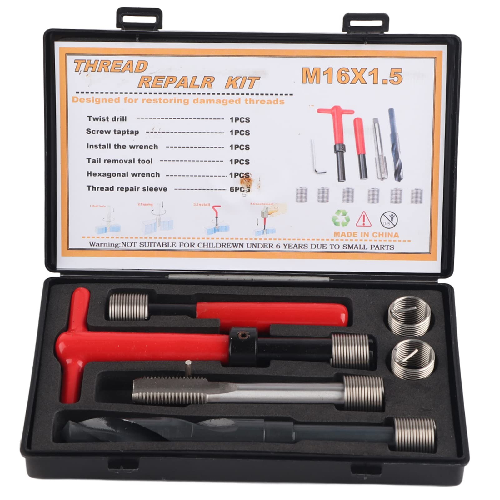 Thread Repair Kit M16x1.5mm, Stainless Steel, 11 Pieces, Threaded Inserts Thread Repair Kit M16x1.5mm, Stainless Steel, 11 Pieces, Threaded Inserts