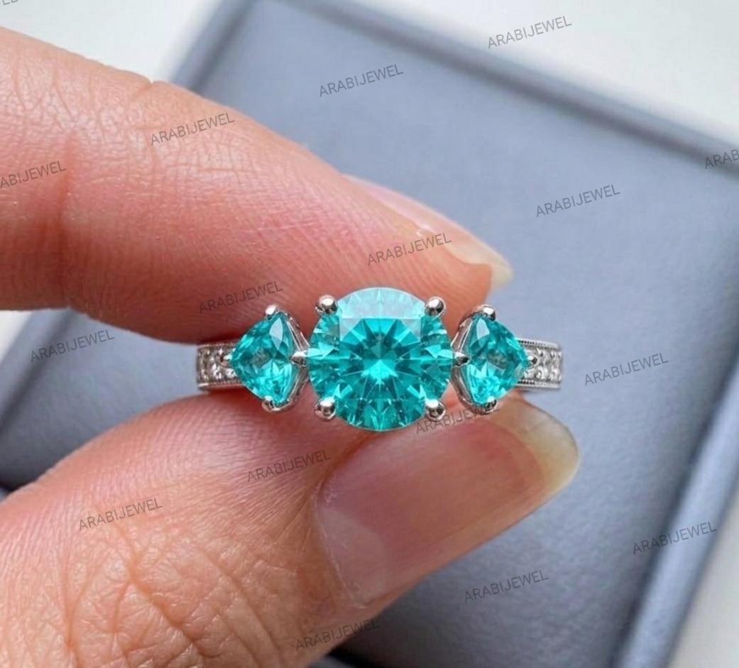 Three Stone Paraiba Tourmaline Ring 925 Sterling Silver Gift For Her Ring.