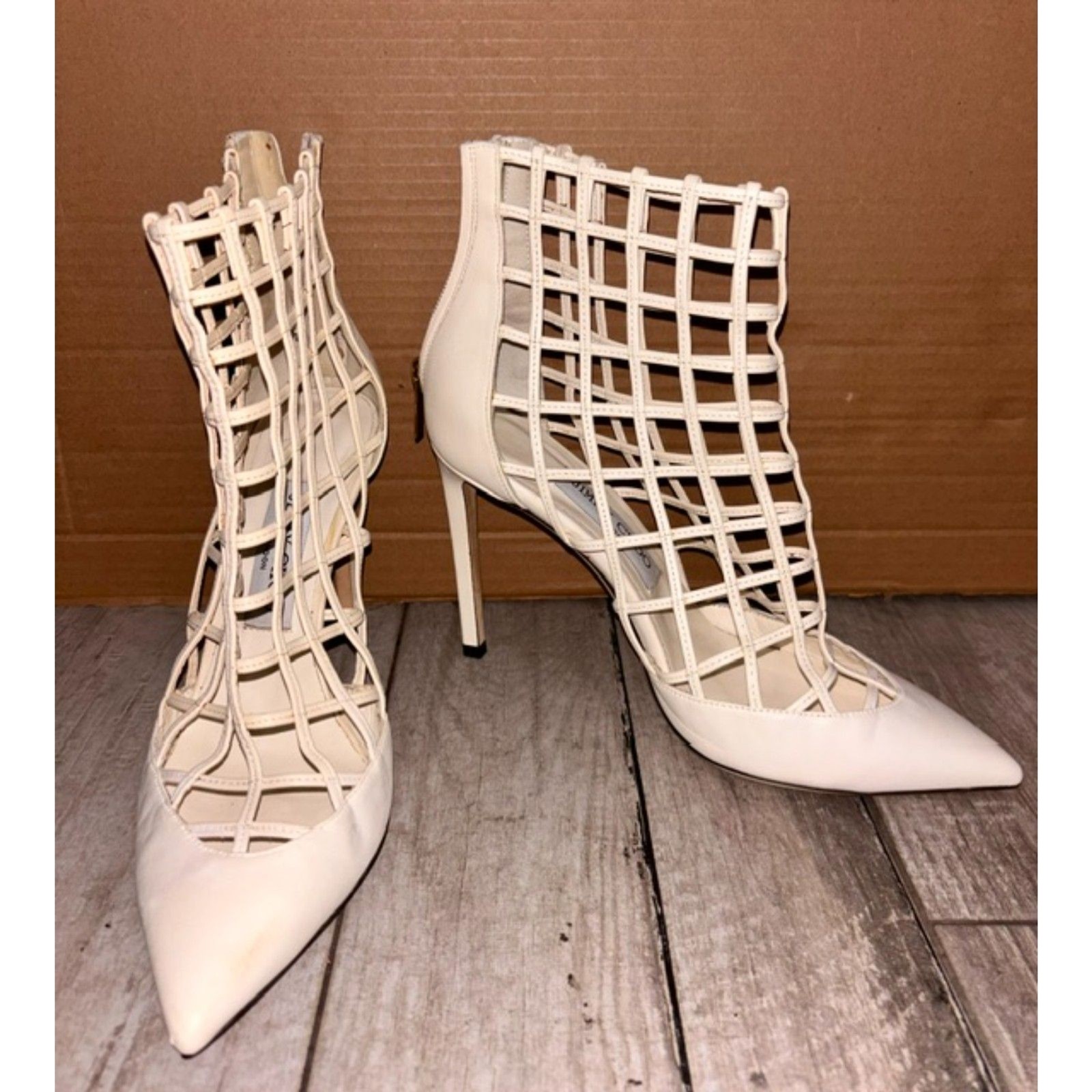 Authentic Jimmy Choo Cream Leather Cage Heels Sandals - Size 38 - Made In Italy