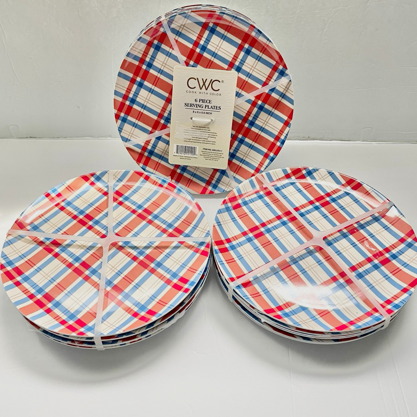 CWC 6ct Plaid Paper Party Serving Plates Red White Blue 8.5in (3 set)