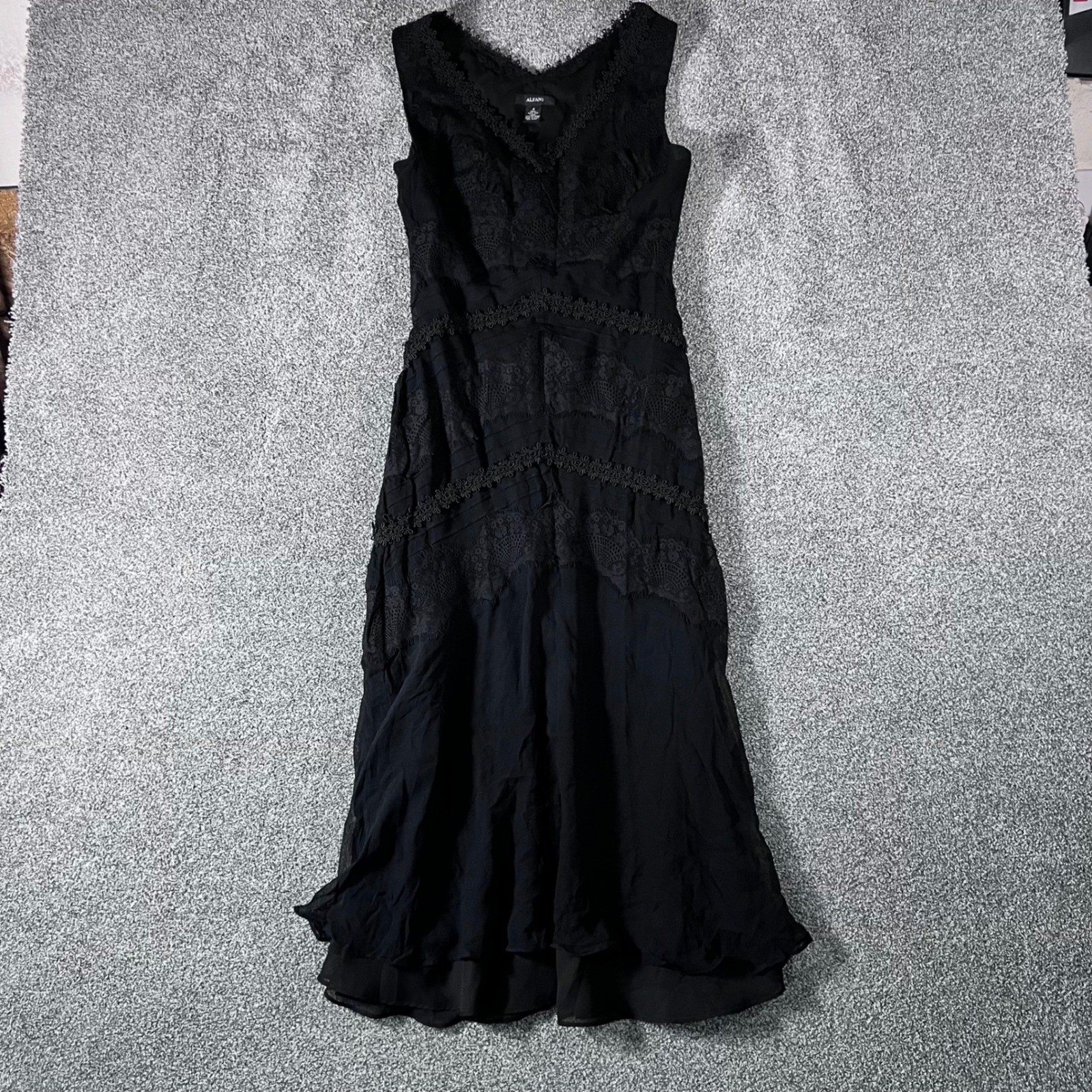 Alfani Women Black 100% Silk Lace Tiered Midi Dress 4 Sleeveless Cocktail Event
