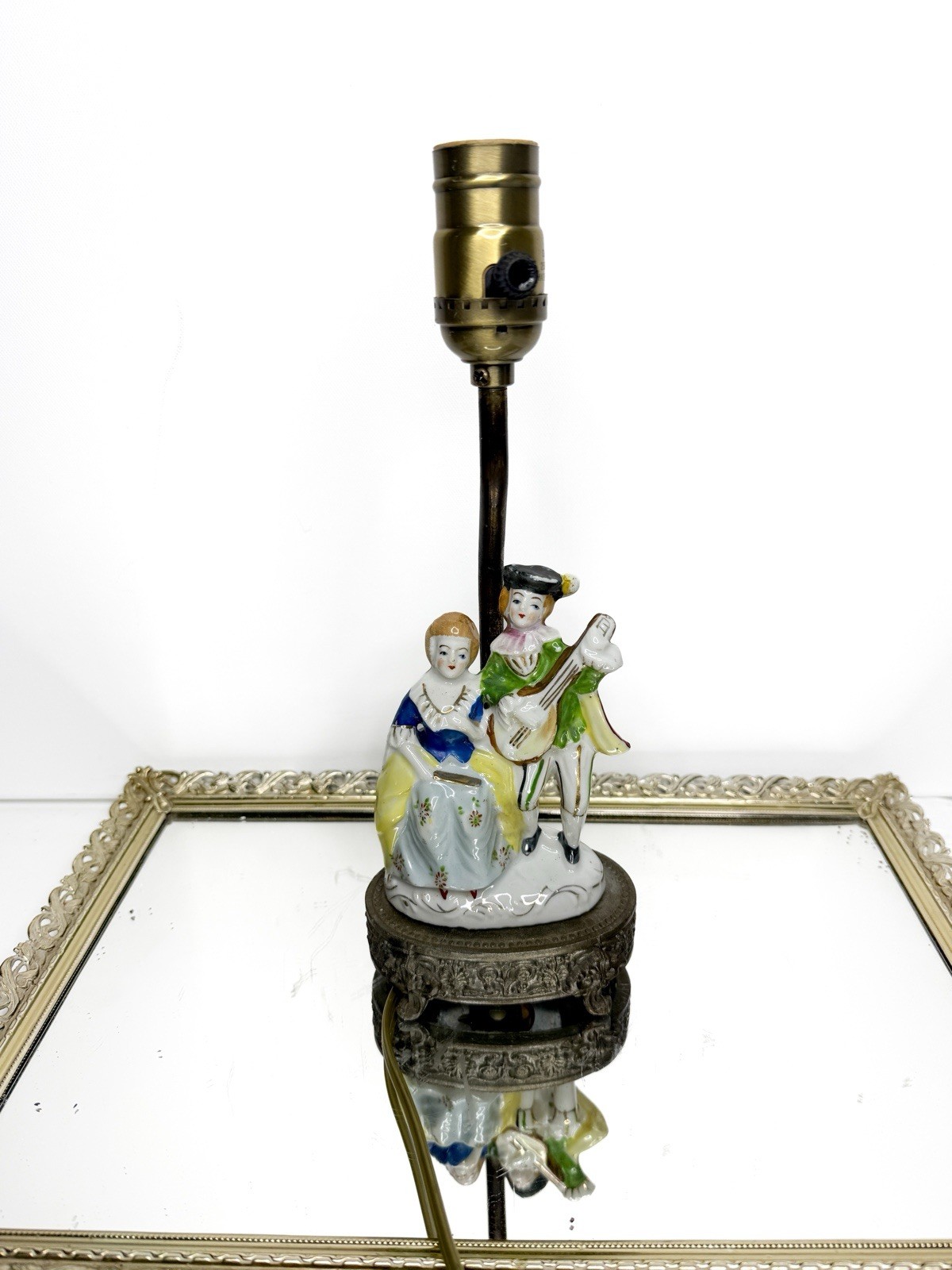 Antique German Porcelain Romantic Musical Couple Rococo Style Brass Base Lamp Antique German Porcelain Romantic Musical Couple Rococo Style Brass Base Lamp