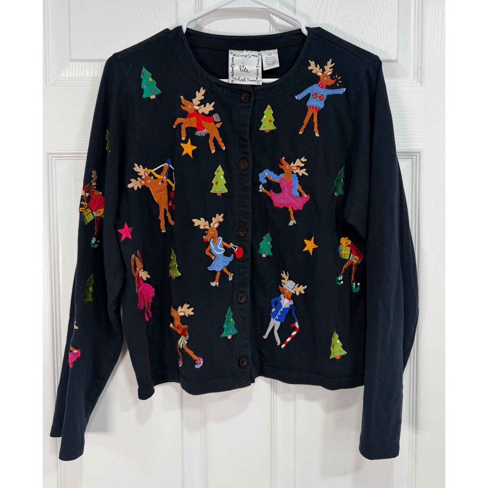Vintage Michael Simon Lite Womens L Christmas Cardigan Embroidered Reindeer