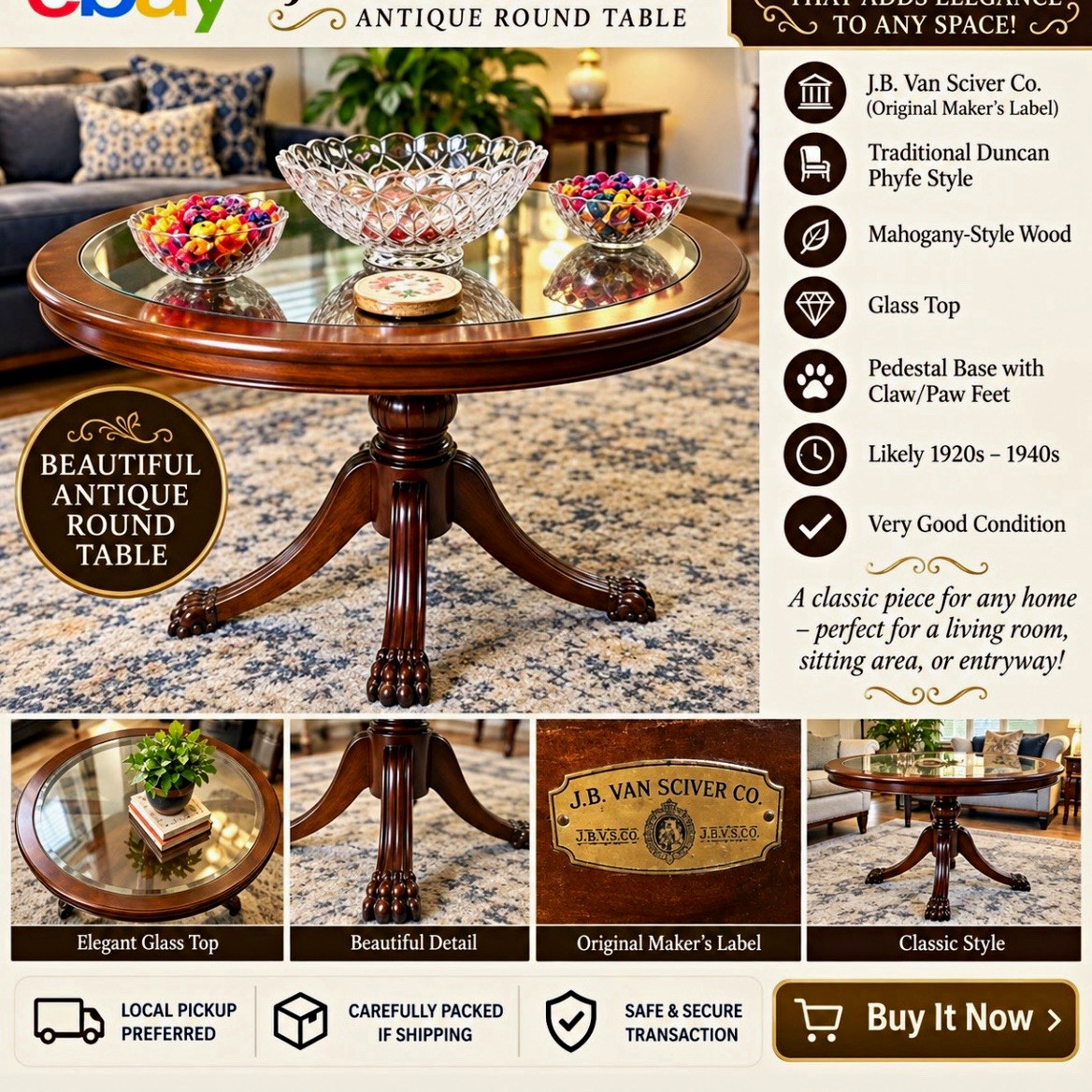 J.B. Van Sciver Antique Duncan Phyfe Round Glass Top Pedestal Table 28x20x17 J.B. Van Sciver Antique Duncan Phyfe Round Glass Top Pedestal Table 28x20x17