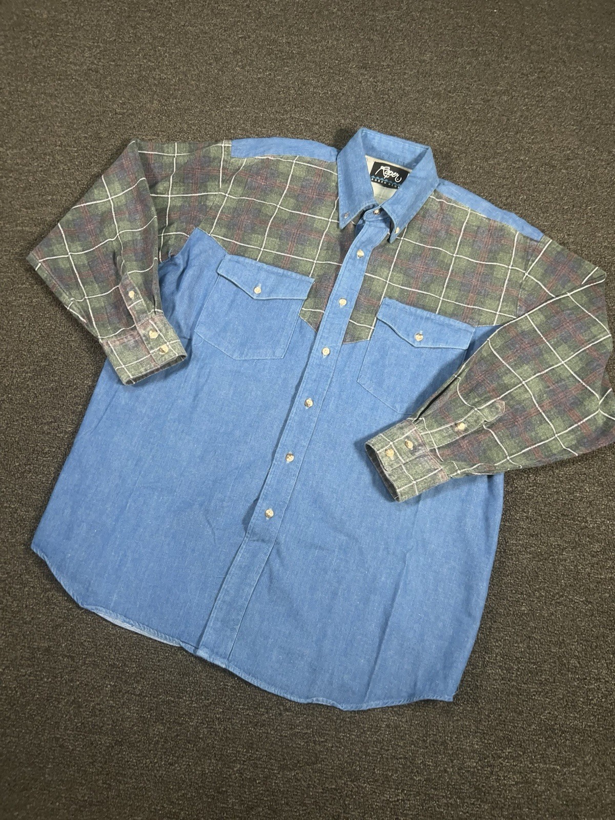 VTG Roper Rodeo Blue Western Shirt Men Large Denim Flannel Plaid Cowboy USA VTG Roper Rodeo Blue Western Shirt Men Large Denim Flannel Plaid Cowboy USA