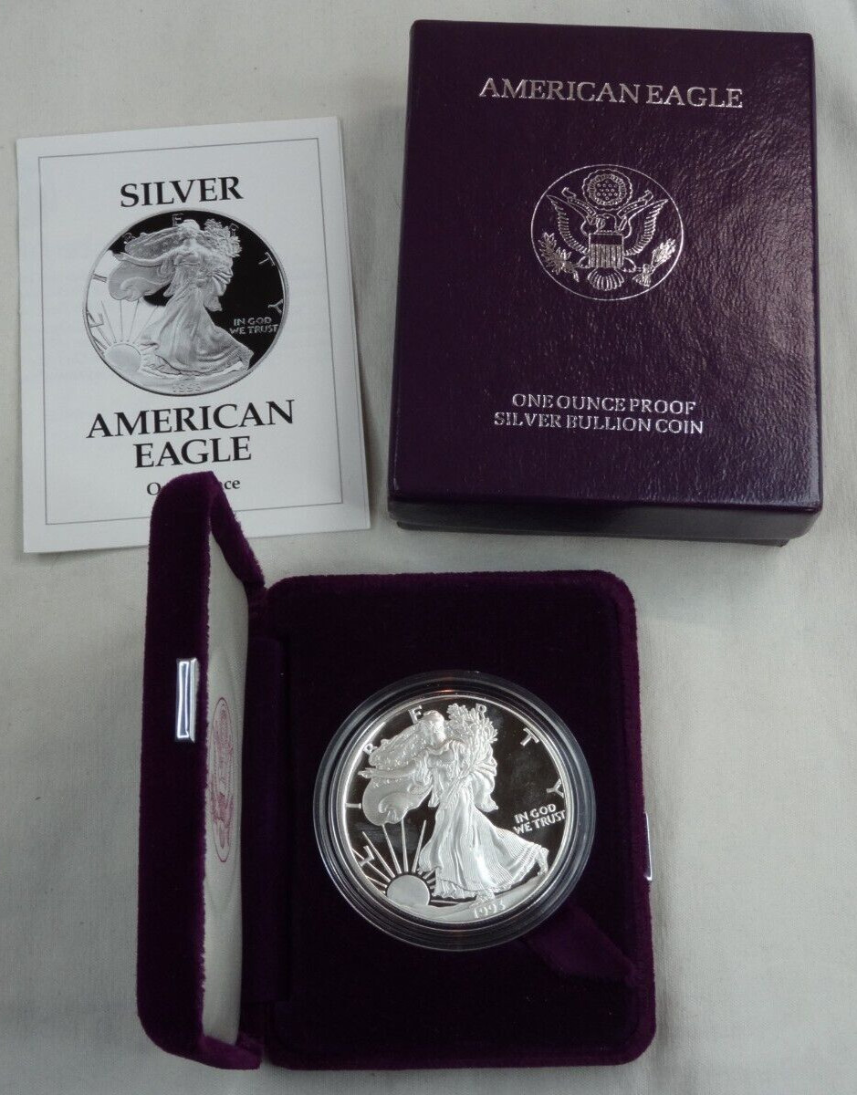1993-P Proof American Silver Eagle Dollar $1 Box & COA US Mint Bullion OGP 1993-P Proof American Silver Eagle Dollar $1 Box & COA US Mint Bullion OGP