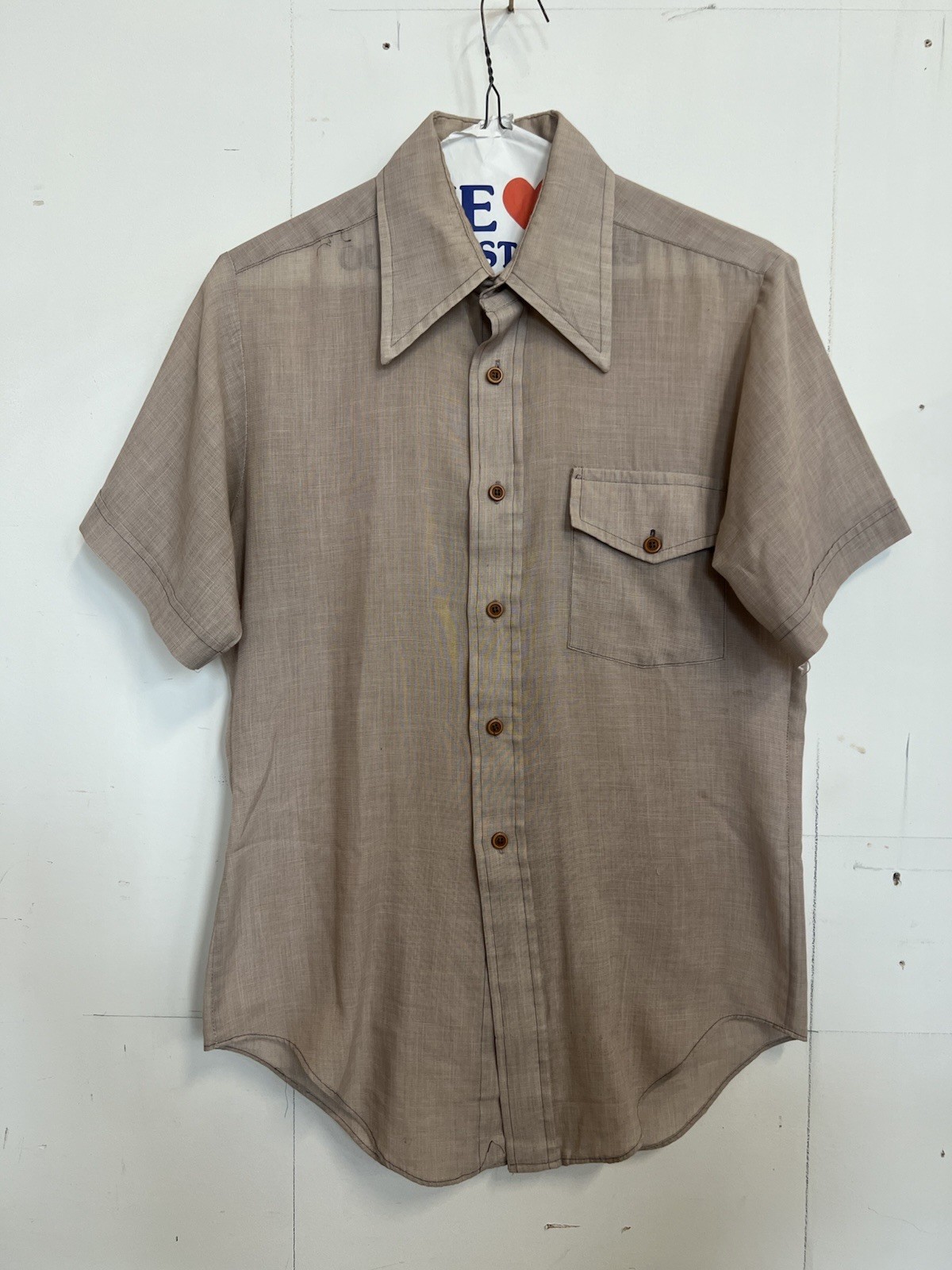 Vintage 70s Mens Shirt Brown Micro Check Big Collar Disco Western Short Sleeve