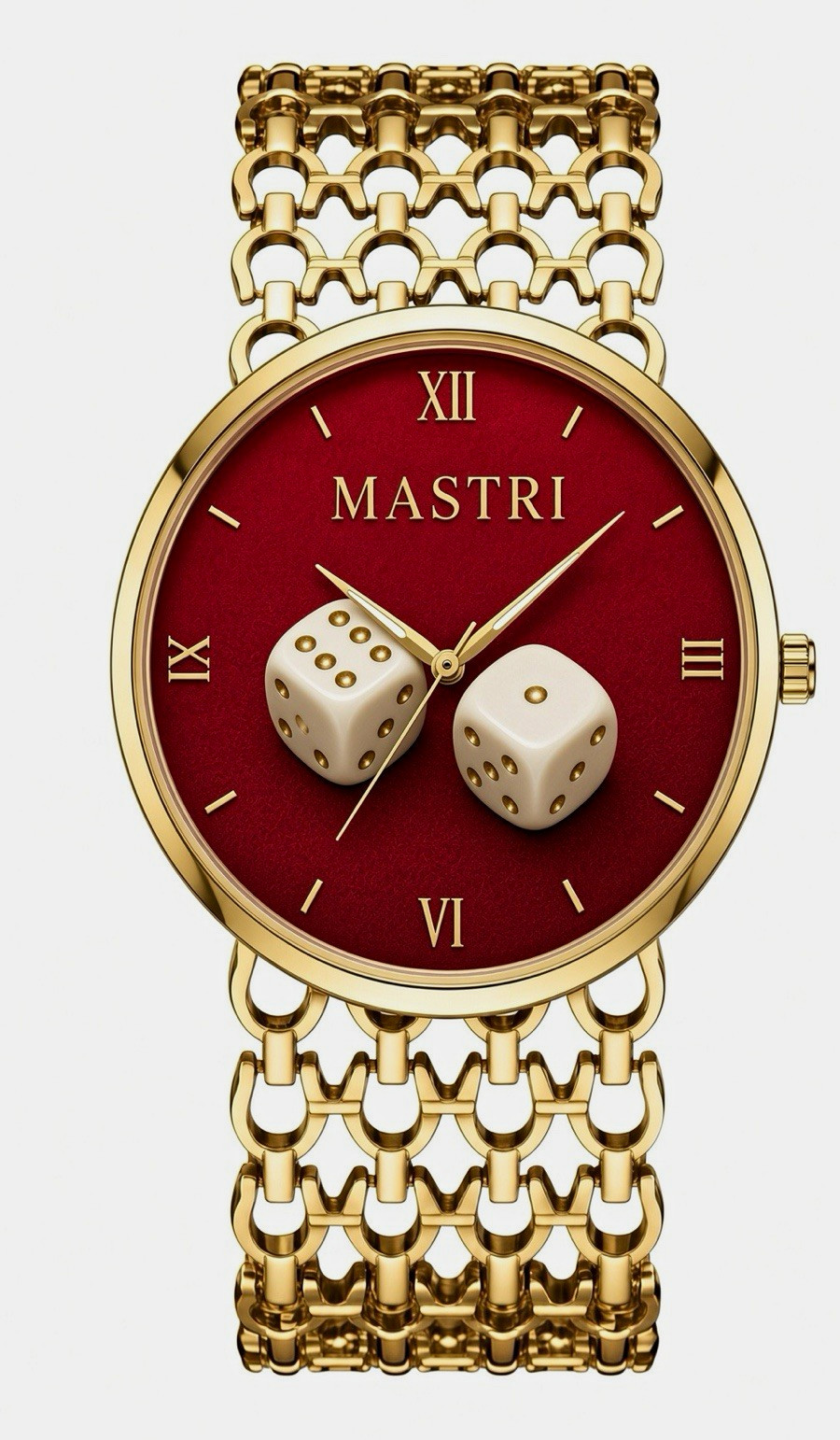 MASTRI Unisex Quartz Dress Watch Gold-Tone Bracelet Red Dice Dial Roman 40mm MASTRI Unisex Quartz Dress Watch Gold-Tone Bracelet Red Dice Dial Roman 40mm