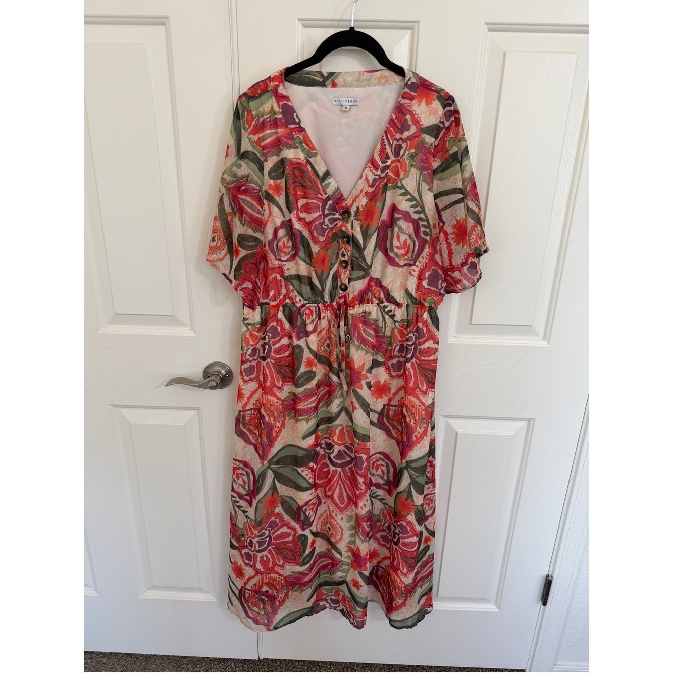 Baltic Born XL Floral Maxi Dress Button Front Drawstring Waist Pockets Boho Red