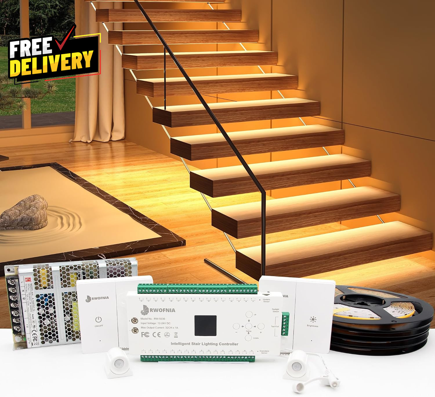 RW-5630 Motion-Activated LED Stair Lighting Kit with Daylight Sensor 48 Warm W..