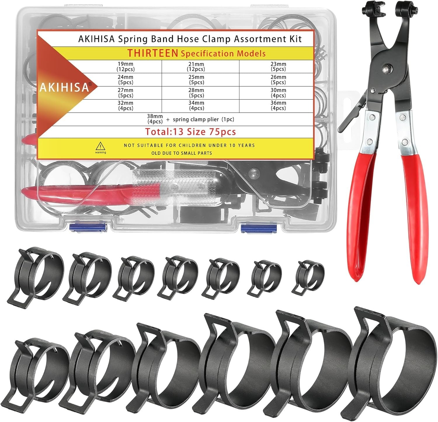 75Pcs Spring Band Hose Clamp Assortment Kit - 13 Sizes with Pliers, Fuel Line &