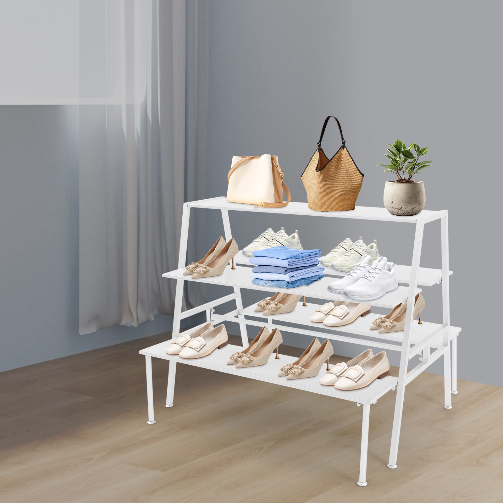 3Tier Retail Shoe Handbag Display Stand Double Side Clothing Display Table White