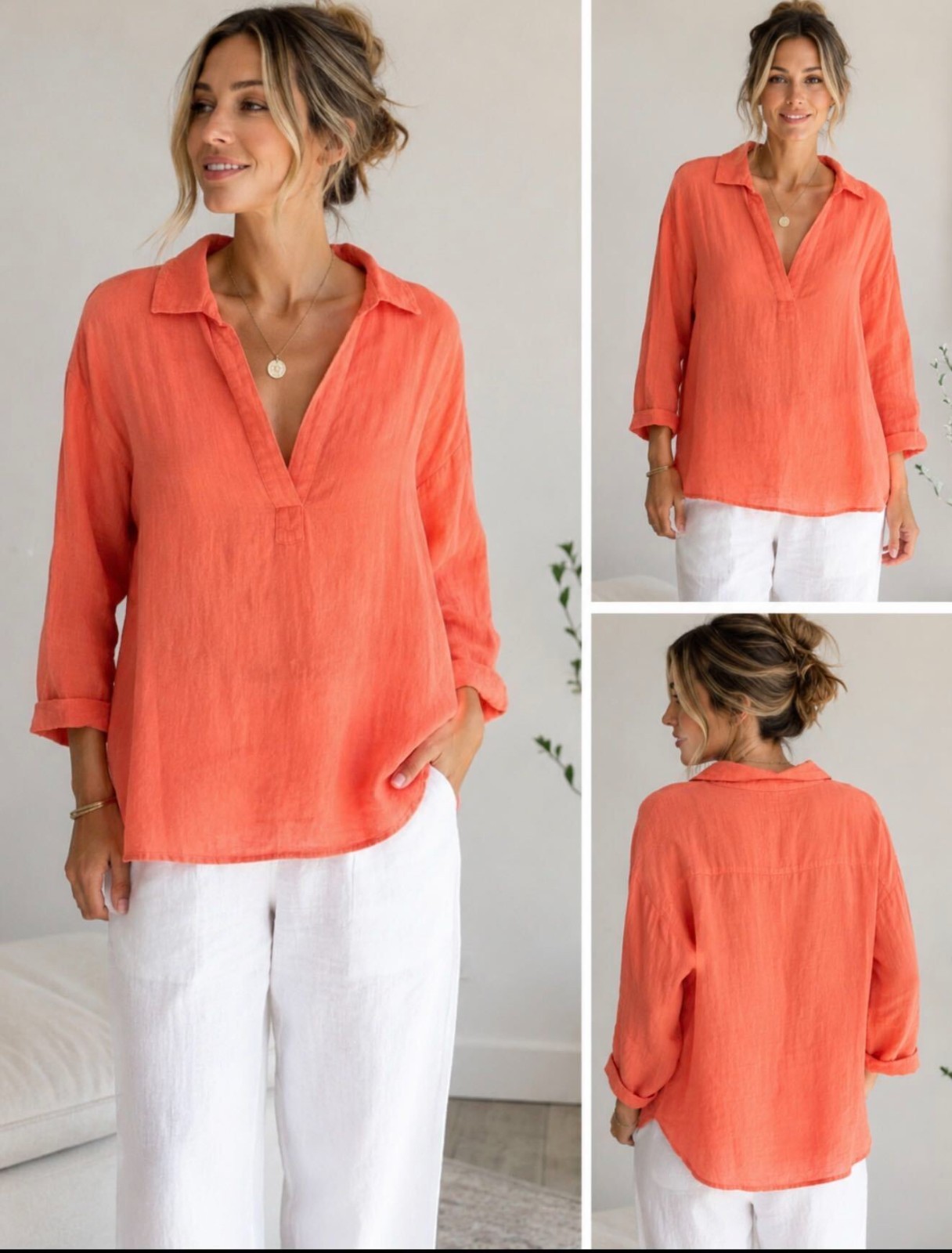 CALYPSO St. Barth Women\'s Sz 2X Linen Resort Blouse Tunic 3/4 Sleeves Coral NWT CALYPSO St. Barth Women\'s Sz 2X Linen Resort Blouse Tunic 3/4 Sleeves Coral NWT