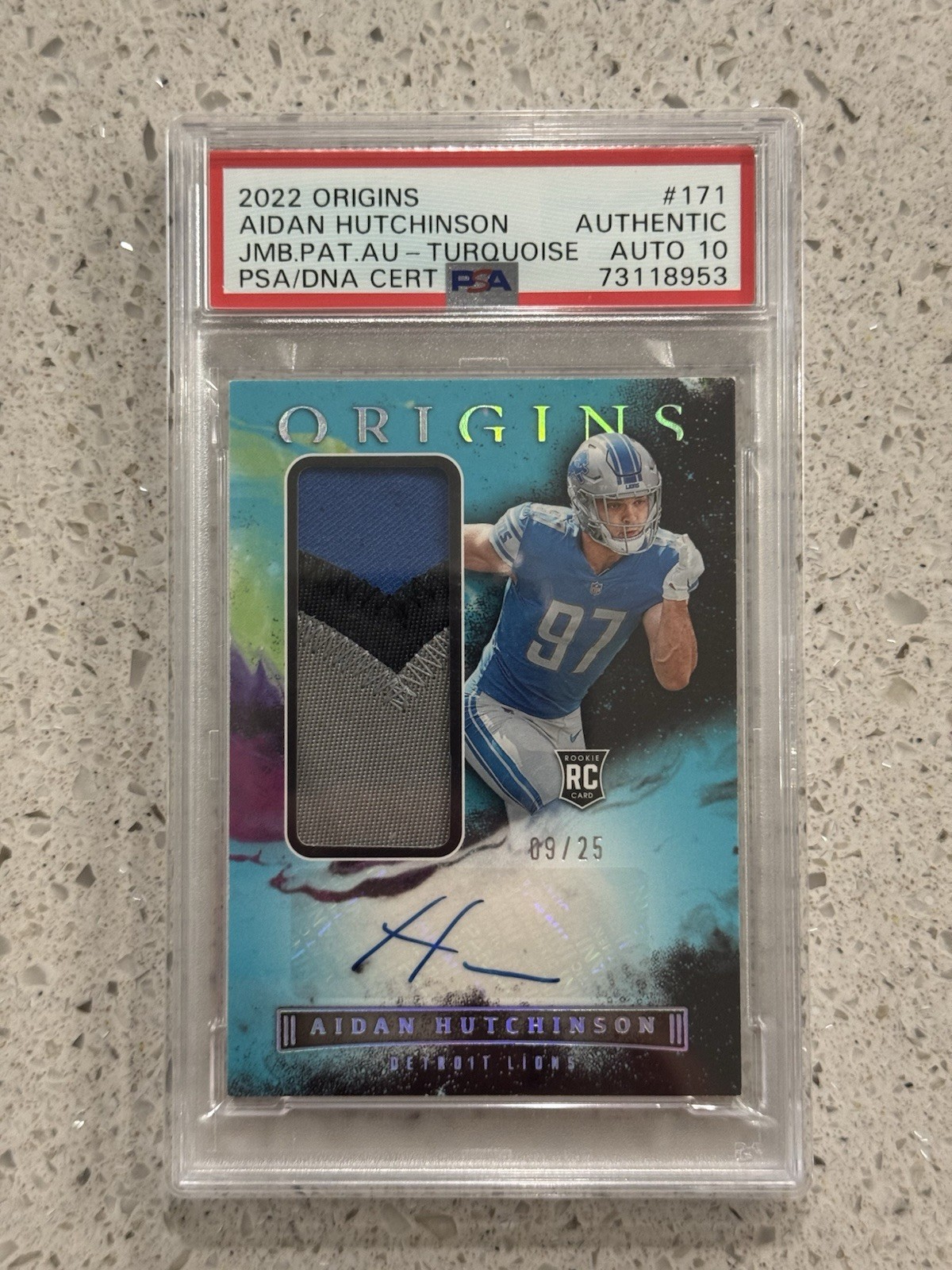 Panini Origins 2022 Aidan Hutchinson RC Jumbo Jersey Auto Turquoise /25 PSA Panini Origins 2022 Aidan Hutchinson RC Jumbo Jersey Auto Turquoise /25 PSA