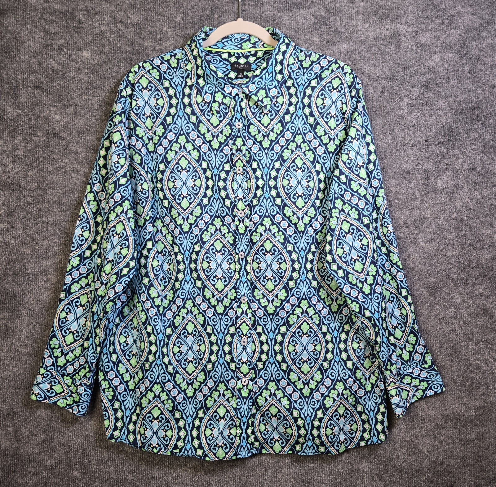 Talbots Shirt Womens 2X Blue Green Tile Print Lightweight Cotton Button Up Talbots Shirt Womens 2X Blue Green Tile Print Lightweight Cotton Button Up