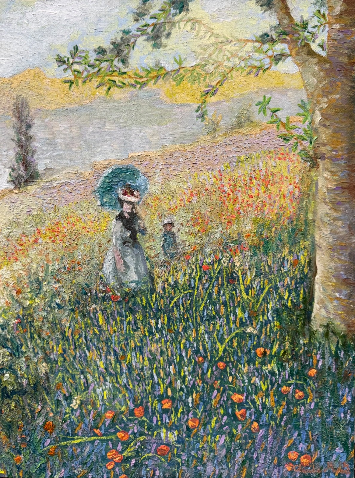 Claude Monet Signed Impressionist Garden Landscape Painting Woman Child Renoir