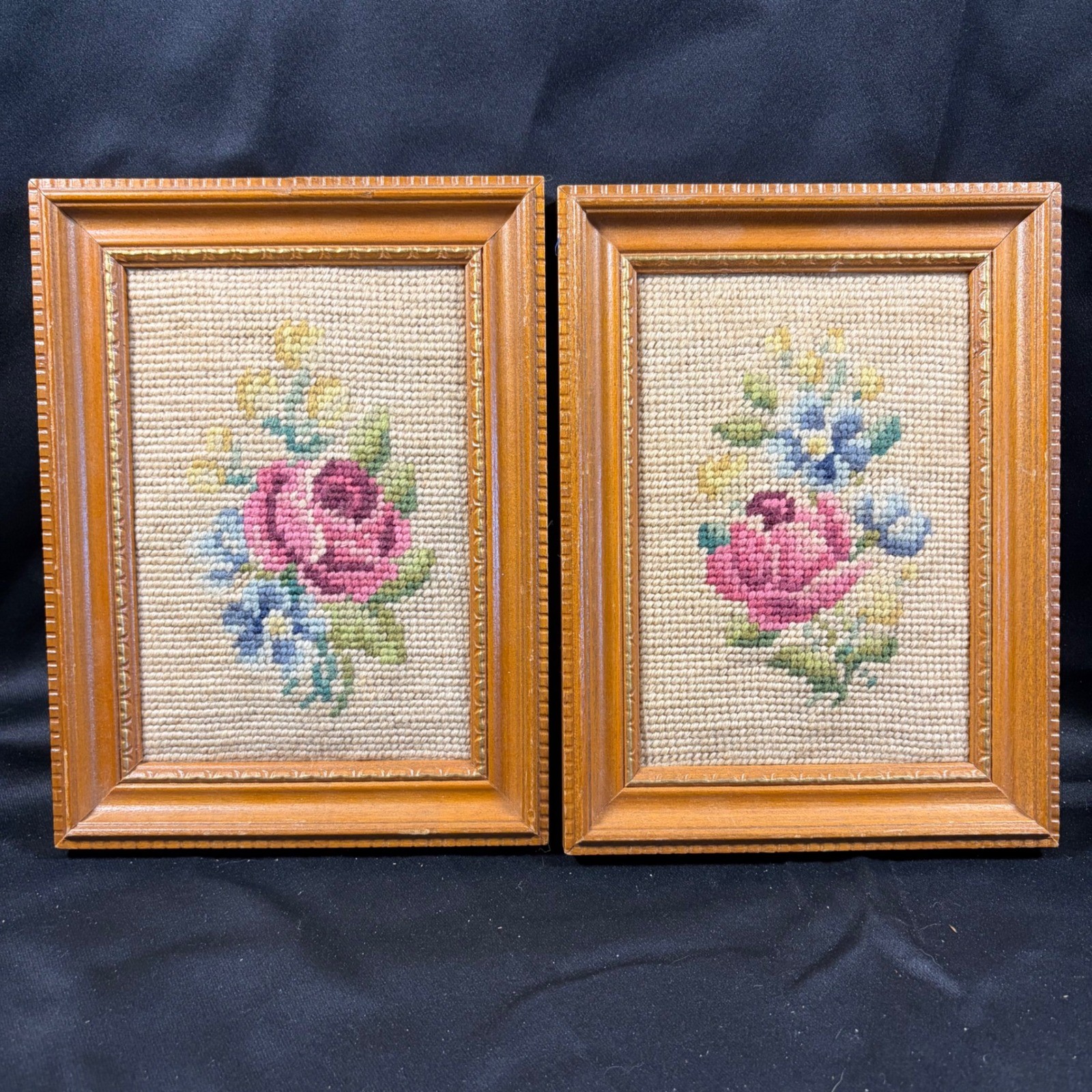 Vintage Floral Needlepoint Pair Framed Rose Embroidery Wood Wall Decor Set