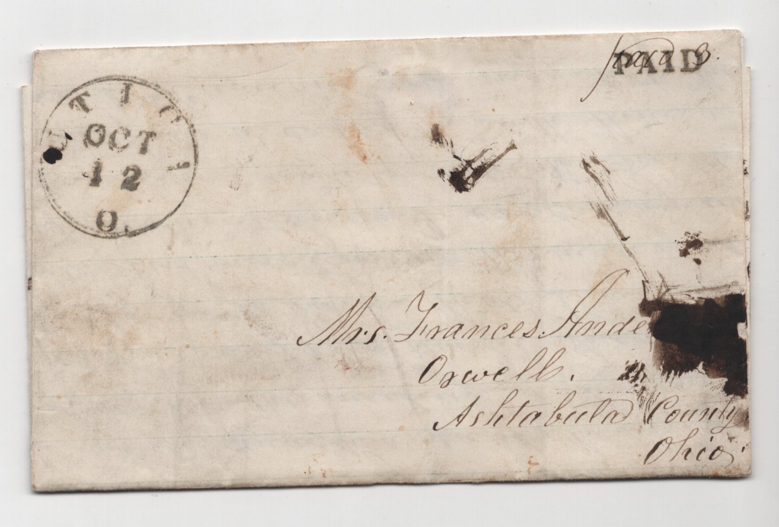 US UTICA OHIO 1832 STAMPLESS FOLDED LETTER TO OSWELL ASHTABULA COUNTY,