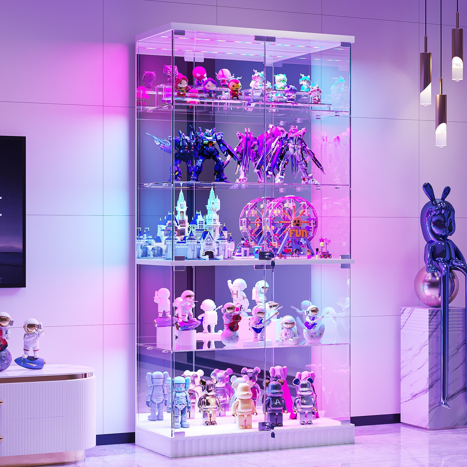 Display Cabinet with Glass Doors, Lockable Figure Display cases with RGB Lights