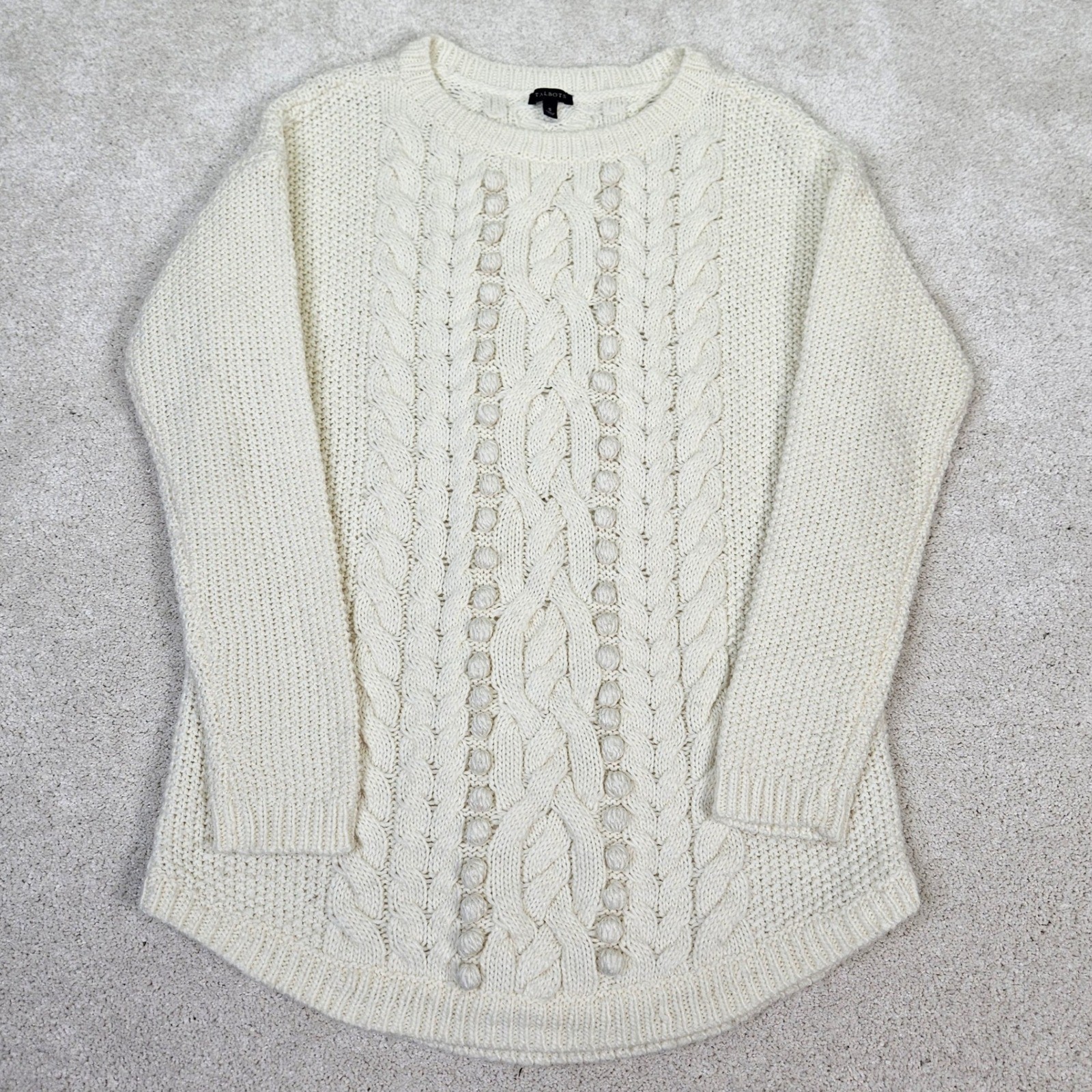 Talbots Cream Chunky Cable Knit Wool Blend Sweater Tunic Sz S Grannycore Cottage