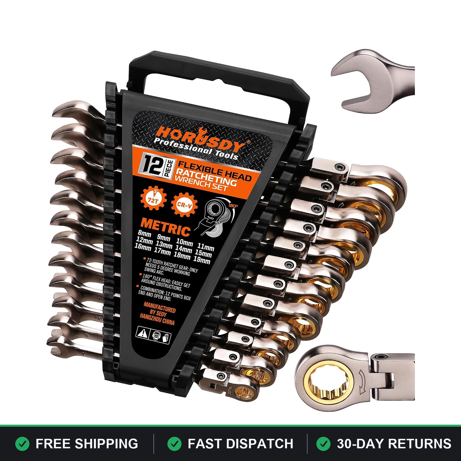 Ratchet Wrench Set 12 Pcs Metric Flex-Head Chrome-Vanadium Steel