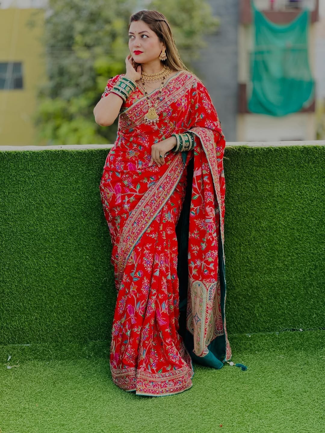 Indian Soft Chinon Silk Ajrakh Print Saree Real Mirror Zari Work Sari Blouse