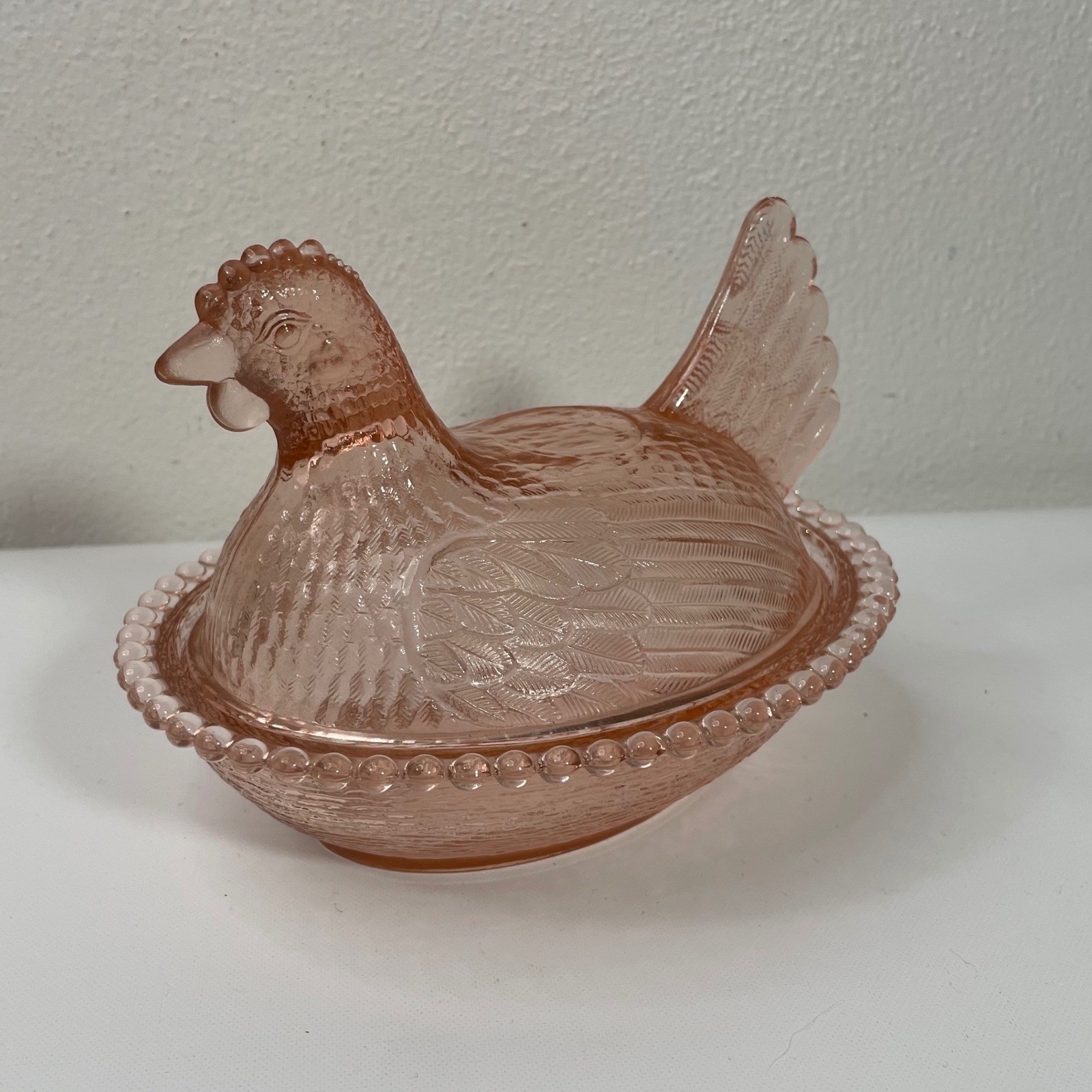 Pink Hen on Nest Indiana Glass Beaded Rim Candy Dish 7 Inch Depression Glass Pink Hen on Nest Indiana Glass Beaded Rim Candy Dish 7 Inch Depression Glass
