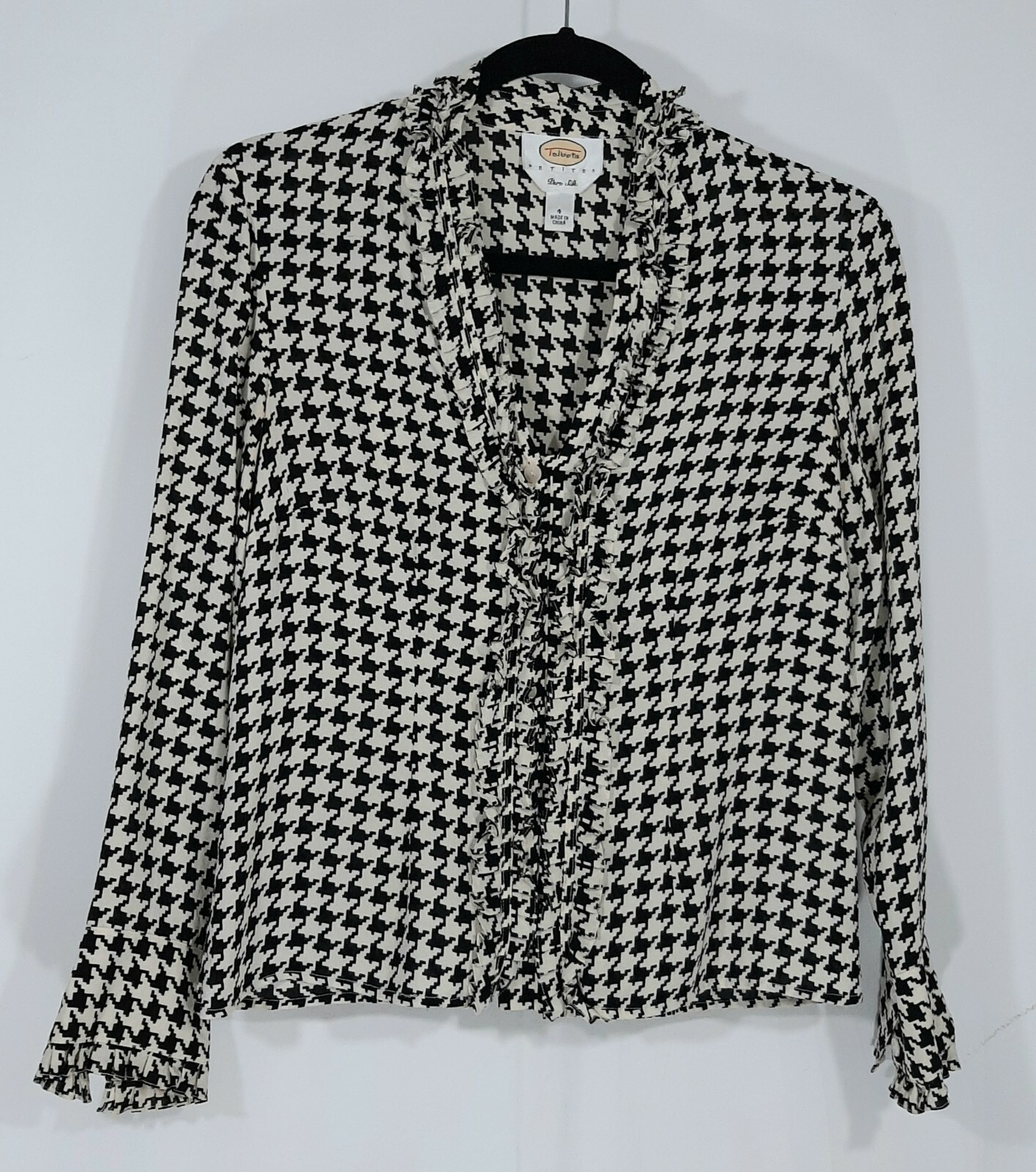 Talbots Womens Black and Ivory Hounds tooth Ruffled Pure Silk Shirt Blouse 4P Talbots Womens Black and Ivory Hounds tooth Ruffled Pure Silk Shirt Blouse 4P