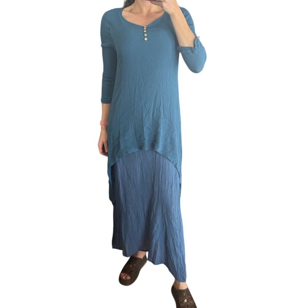 Gauze Cotton Midi Maxi dress Lagenlook blue layered artist flowwy bohemian S M