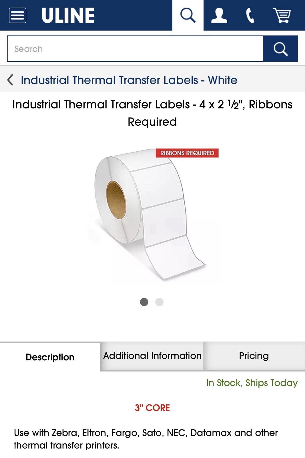 Uline S5385 Industrial Thermal Transfer Labels - 4 x 2 1⁄2\ Uline S5385 Industrial Thermal Transfer Labels - 4 x 2 1⁄2\