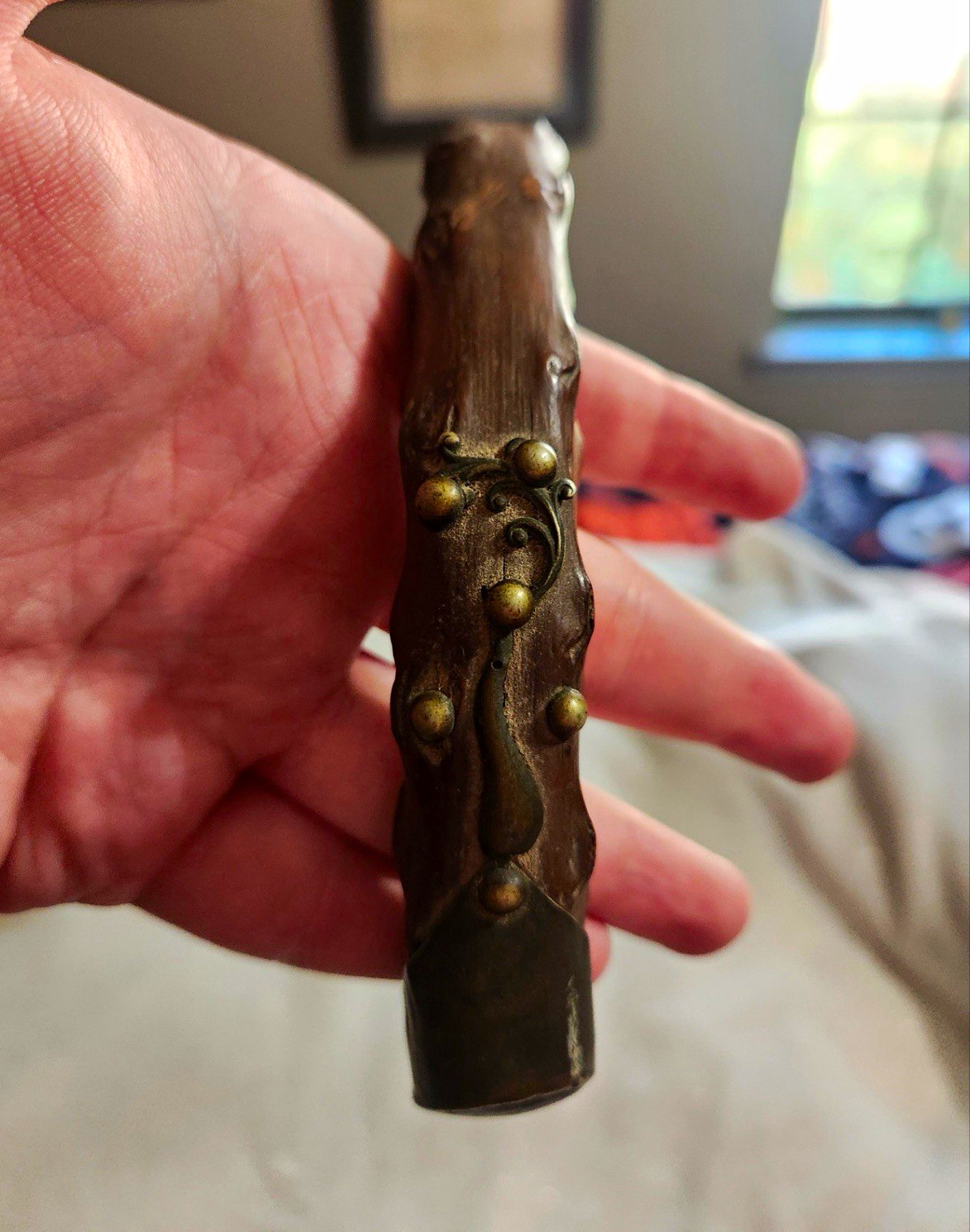 Vintage Rustic Wood Walking Cane Crook Handle Brass Studs 36” Folk Art