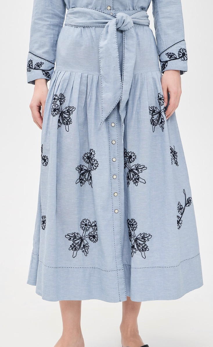 THE GREAT x Stetson The Chambray Embroidered Highland Skirt Sz 0 Western THE GREAT x Stetson The Chambray Embroidered Highland Skirt Sz 0 Western