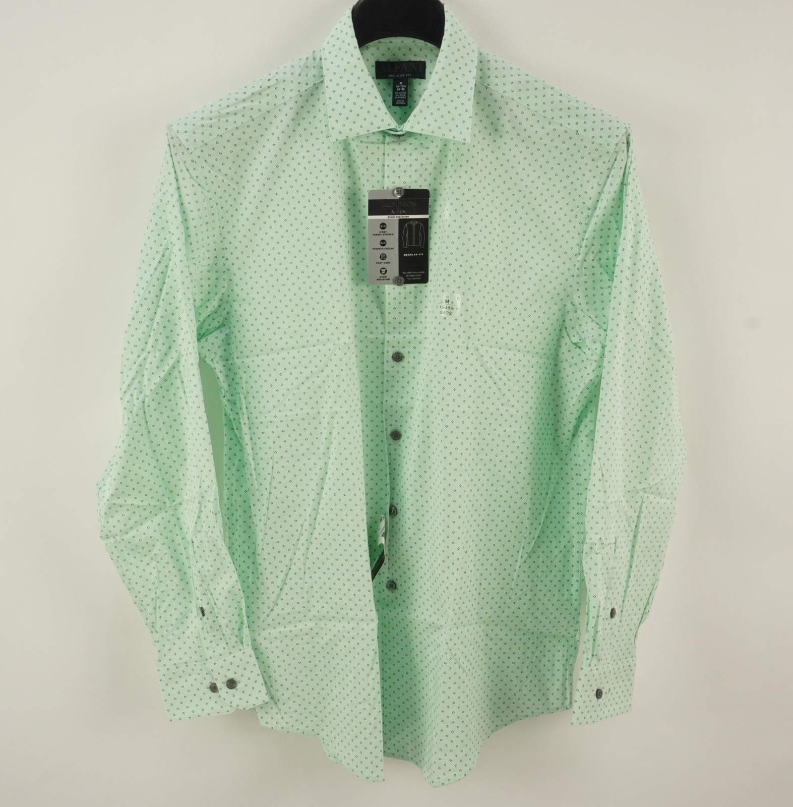 New Alfani AlfaTech Performance Easy Care Men Medium Green Geometric Dress Shirt