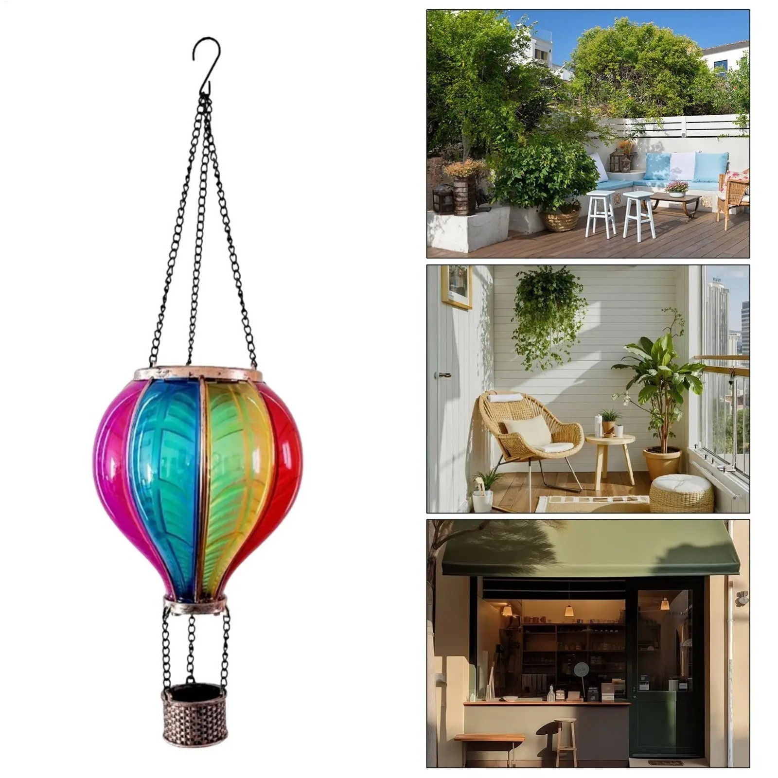 45cm Solar Flame Effect Rainbow Hot Air Balloon Hanging LED Outdoor Lantern