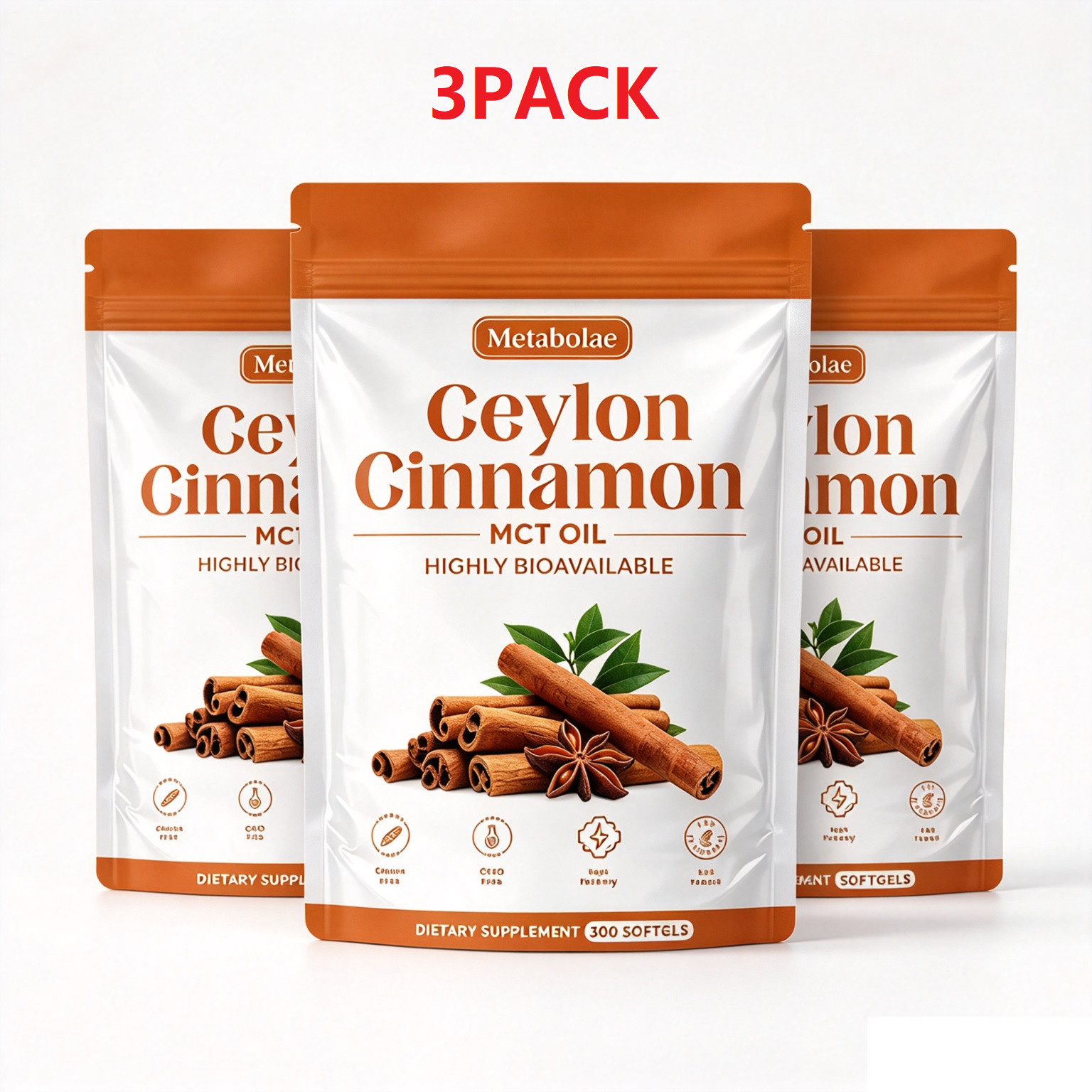 3PACK Metabolae Ceylon Cinnamon SoftGels With MCT Oil 300 Softgels