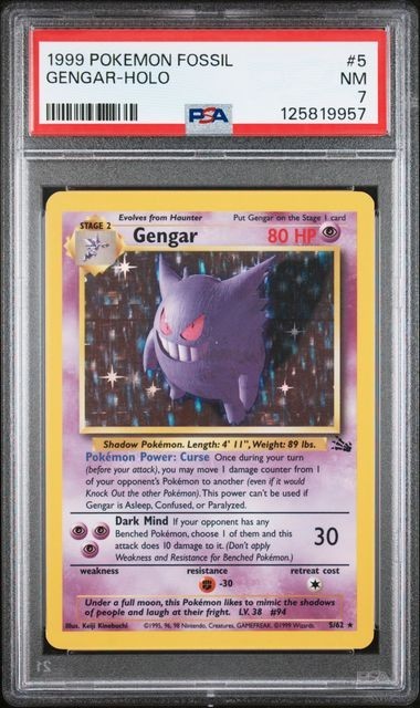 1999 Pokémon TCG Fossil Gengar Holo Rare Card 5/62 Unlimited PSA 7 NM