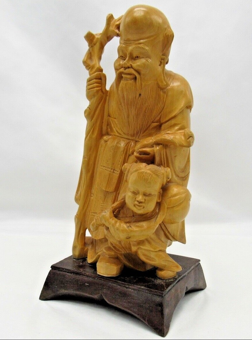 Vintage Chinese Fine Wood Carving of Shou Lao with Child God of Longevity