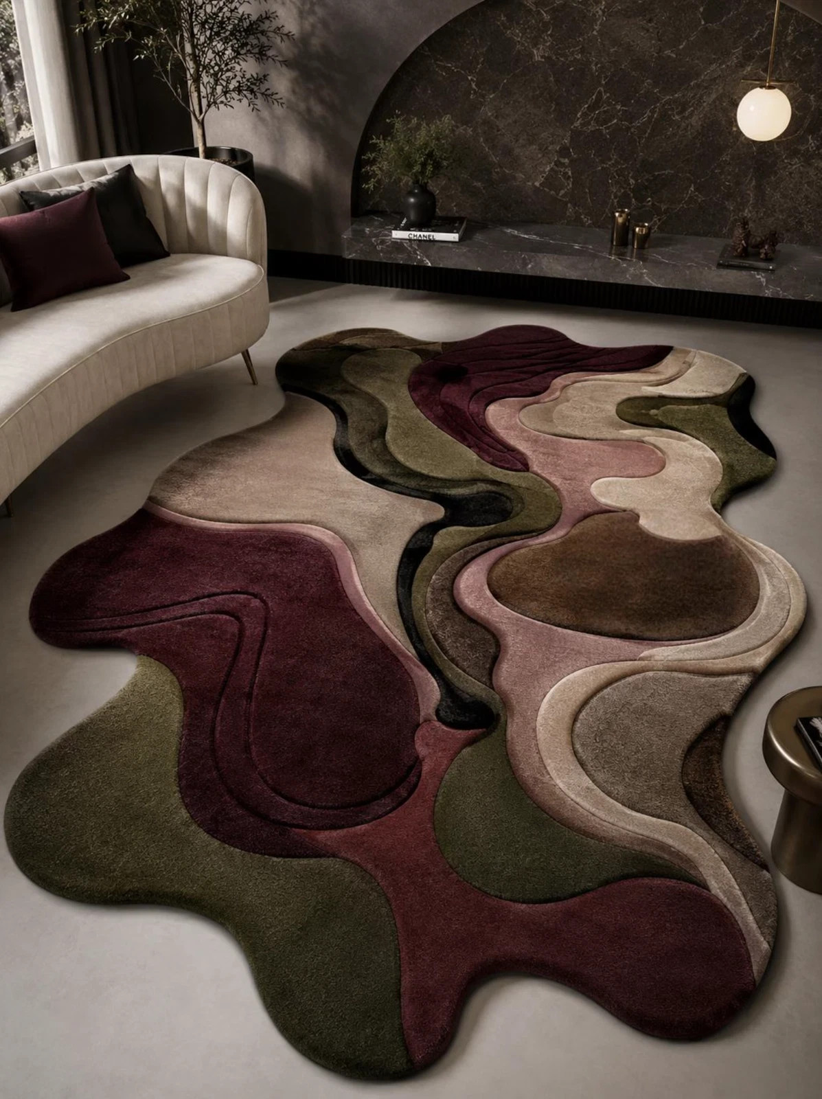 Hand Tufted Wool Area Rug | Burgundy Olive Green Abstract Wavy | Modern Carpet