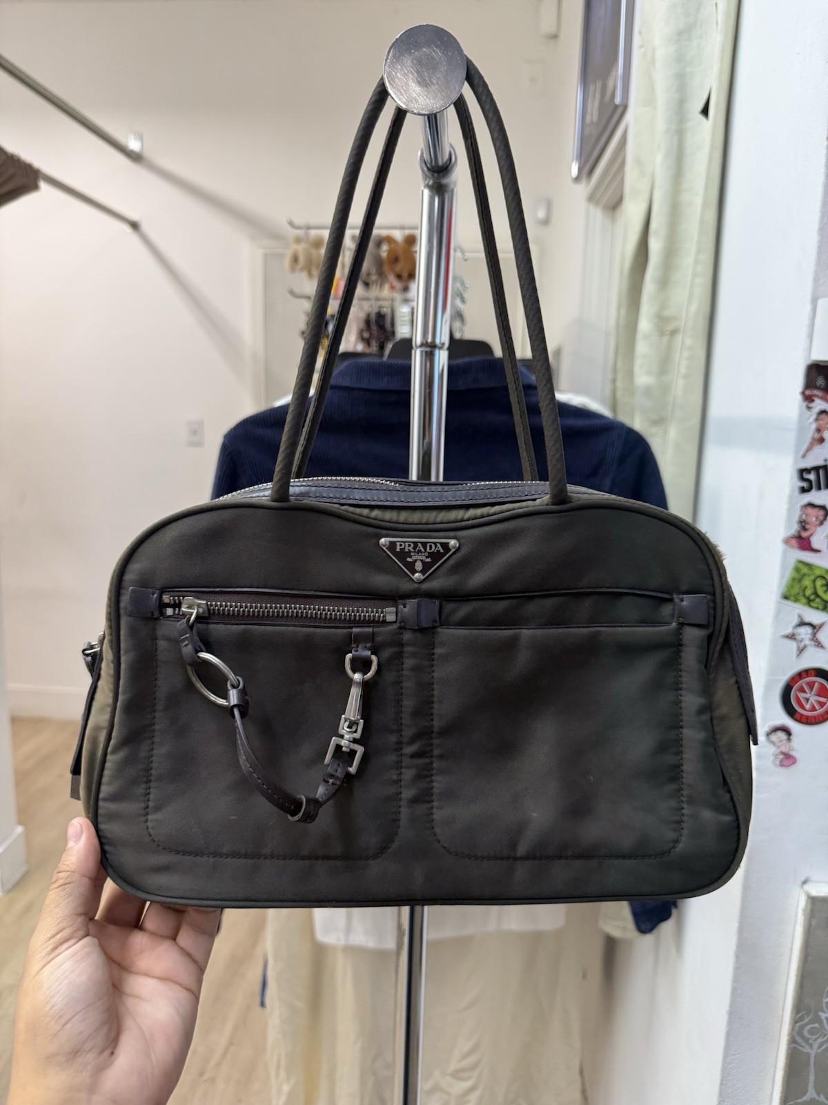 Vtg Prada Tessuto Shoulder Bag Front Zipper Pocket Mini Boston Bag