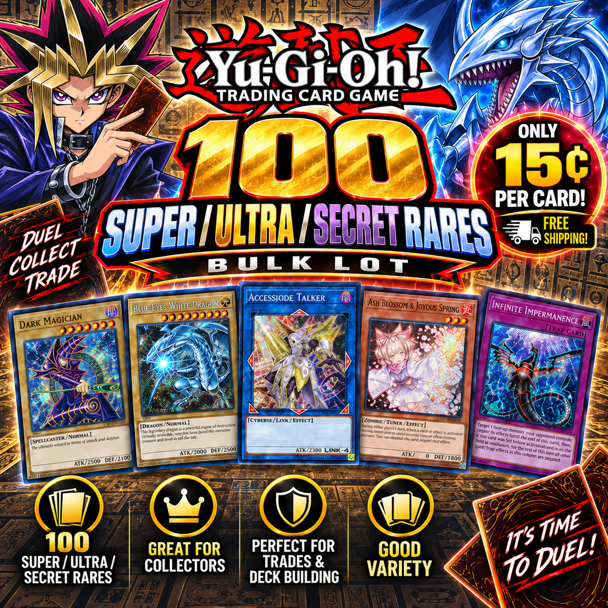 Yugioh 100 Holo Foil Cards Bulk Collection Lot Pack Super/Ultra/Secret Rares