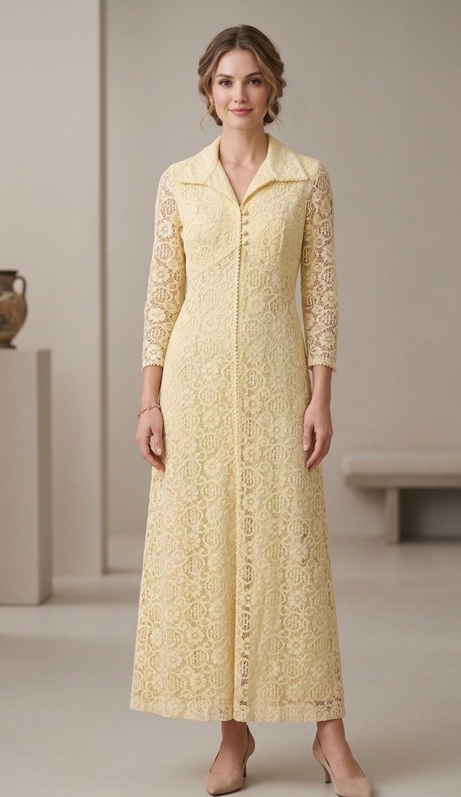 Vintage 1970s Butter, Yellow Lace, Two Piece Dress Set Size 12