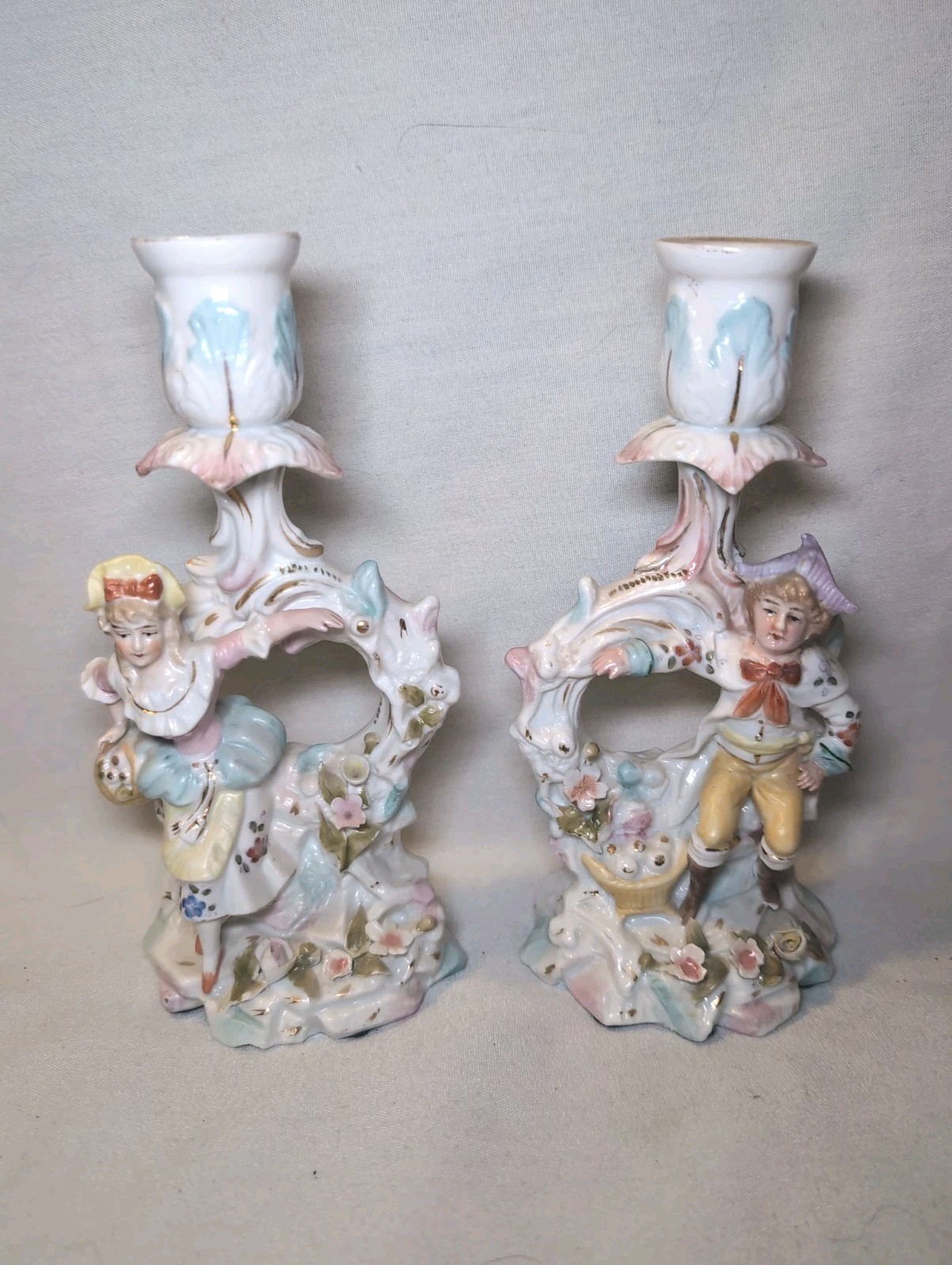 2x Vintage Dresden Style Porcelain Figural Candlestick Holders 7.5\ 2x Vintage Dresden Style Porcelain Figural Candlestick Holders 7.5\
