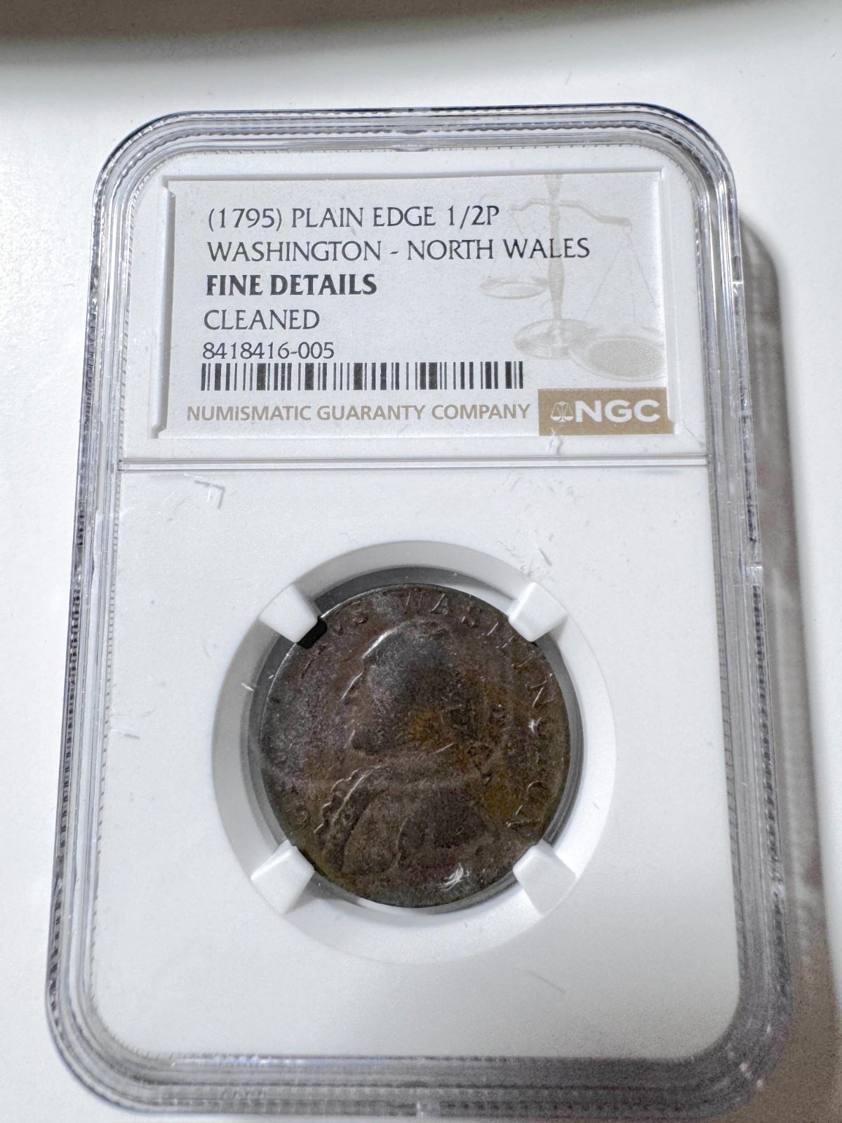 Rare NGC Fine Details 1795 Plain Edge 1/2 P Washington North Wales COBM-9613