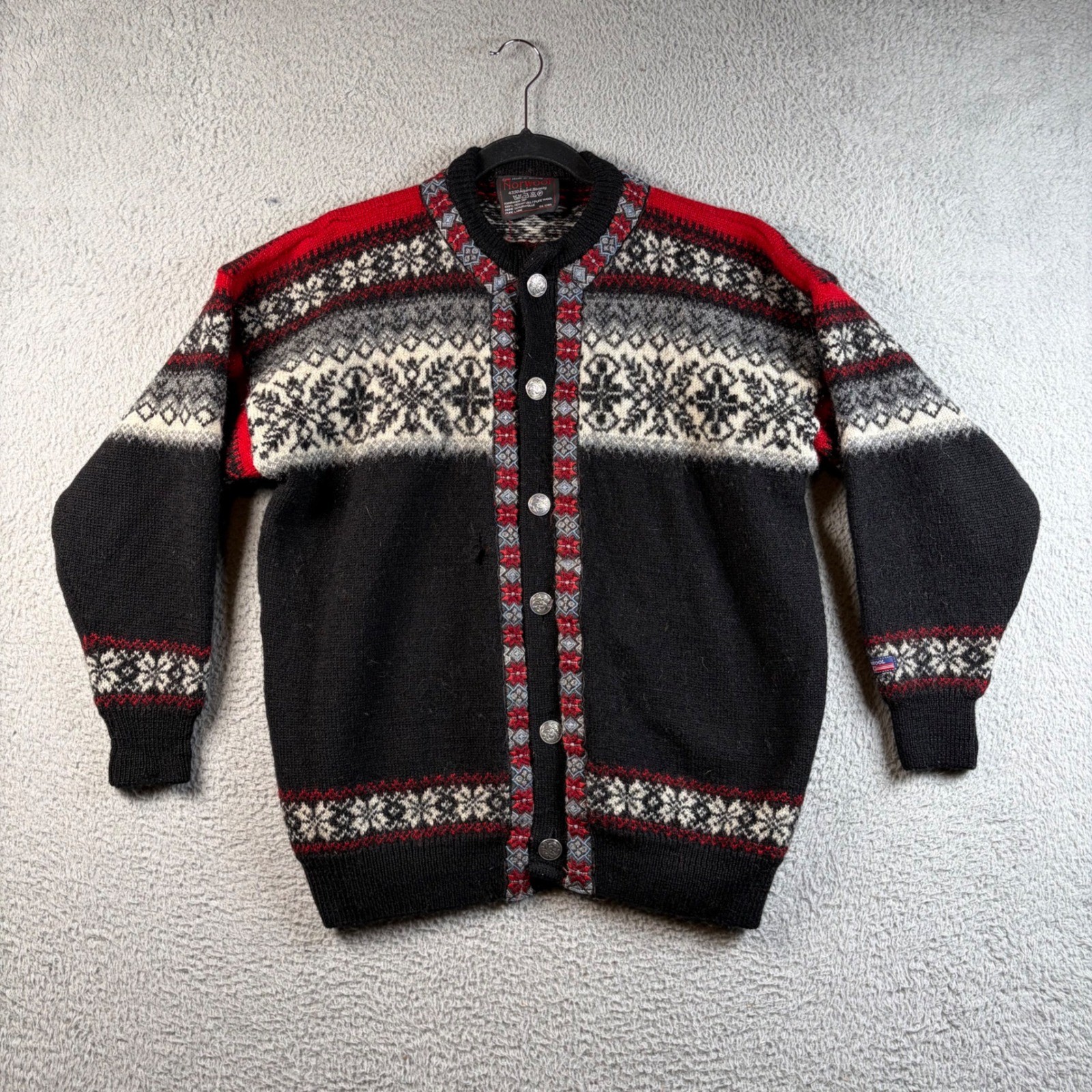 Vintage NorWool Norwegian Pure Wool Cardigan Sweater Nordic Fair Isle Black Red